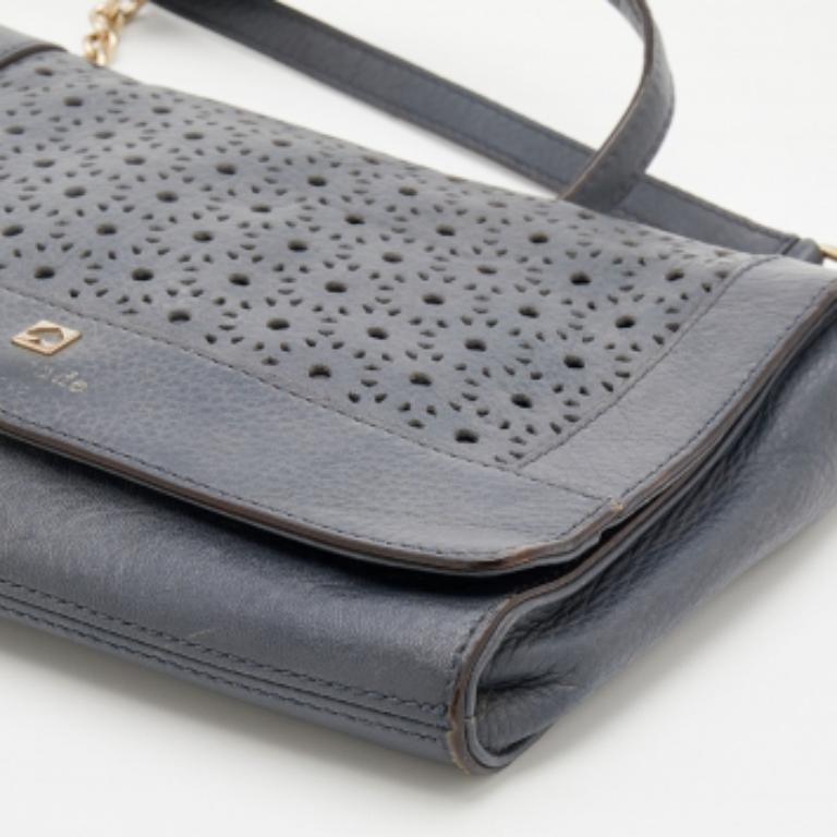 Kate Spade Dark Grey Leather Perforated Flap Shoulder Bag For Sale 4