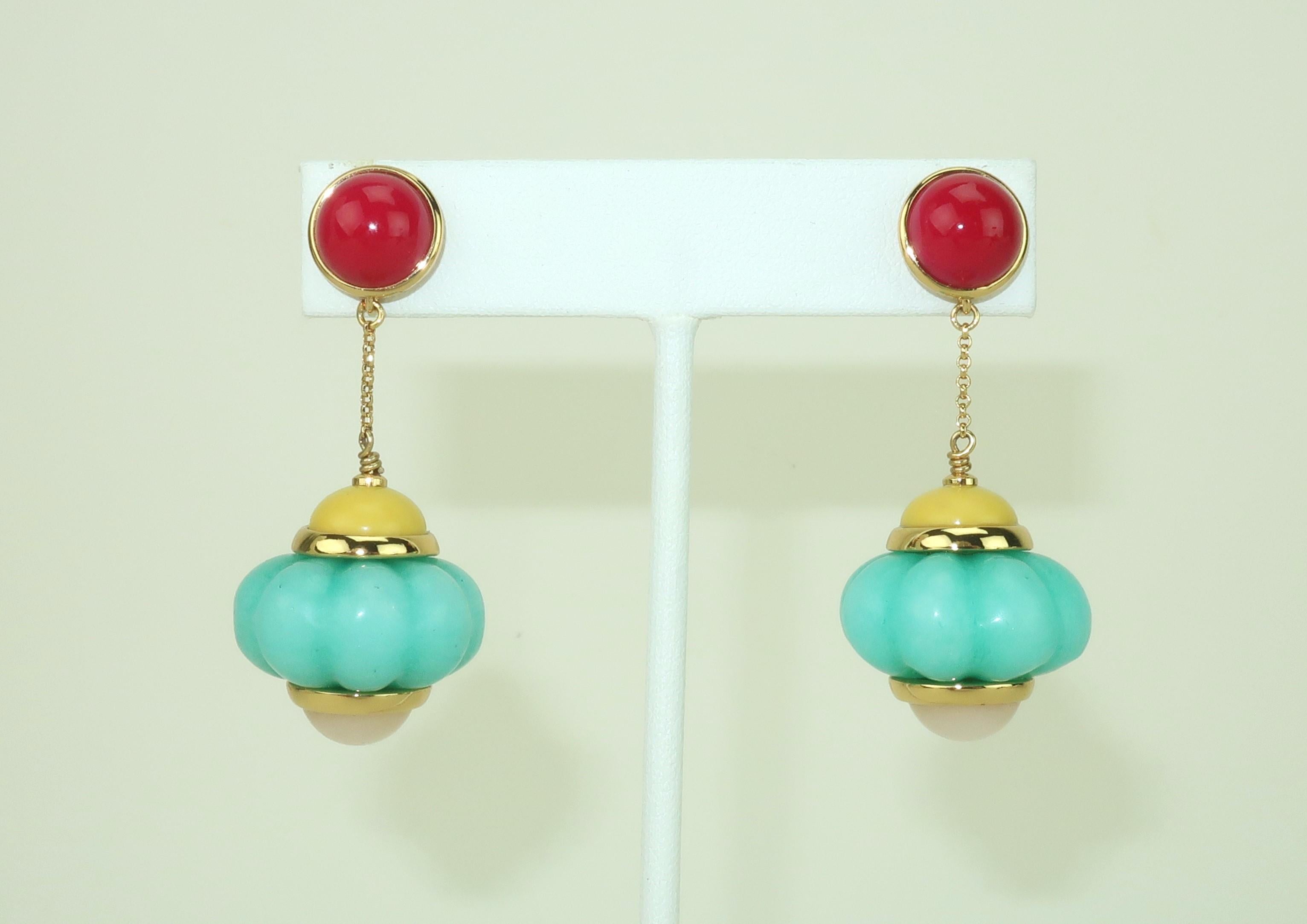 Colorful Kate Spade drop dangle earrings with resin components in shades of red, yellow, aqua and off-white accented by gold tone metal hardware.  These earrings remind me of 'I Dream of Jeannie' ... perhaps it is the genie bottle shape or the