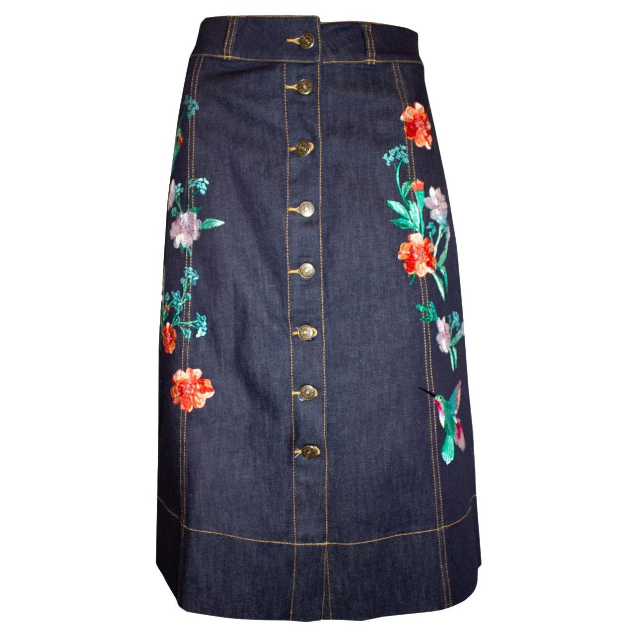 Kate Spade Embroidered Denim Skirt For Sale