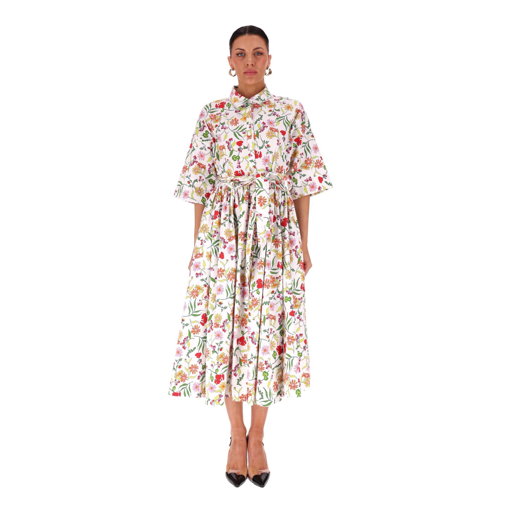 Kate Spade Floral Print Cotton Shirt Dress

White midi dress crafted from cotton-poplin with all-over multicoloured  'Rooftop Garden' print.

Featuring a point collar and three-quarter wide sleeves.

Adorned with a self-tie waist. The dress comes