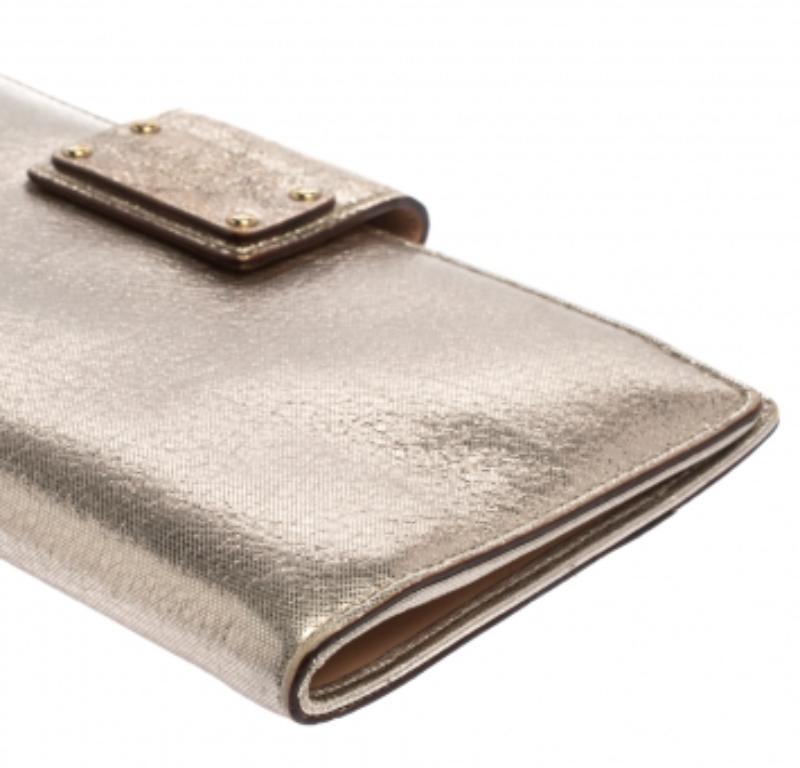 Brown Kate Spade Gold Shimmer Leather Flap Clutch For Sale