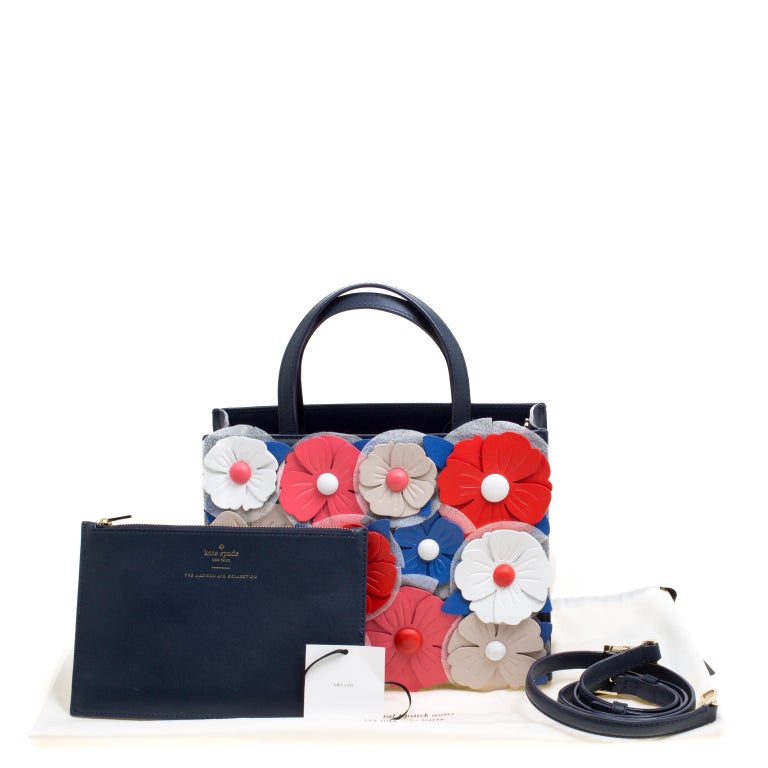 Kate Spade Navy Blue Leather Floral Applique Daisy Lane Sam Top Handle
