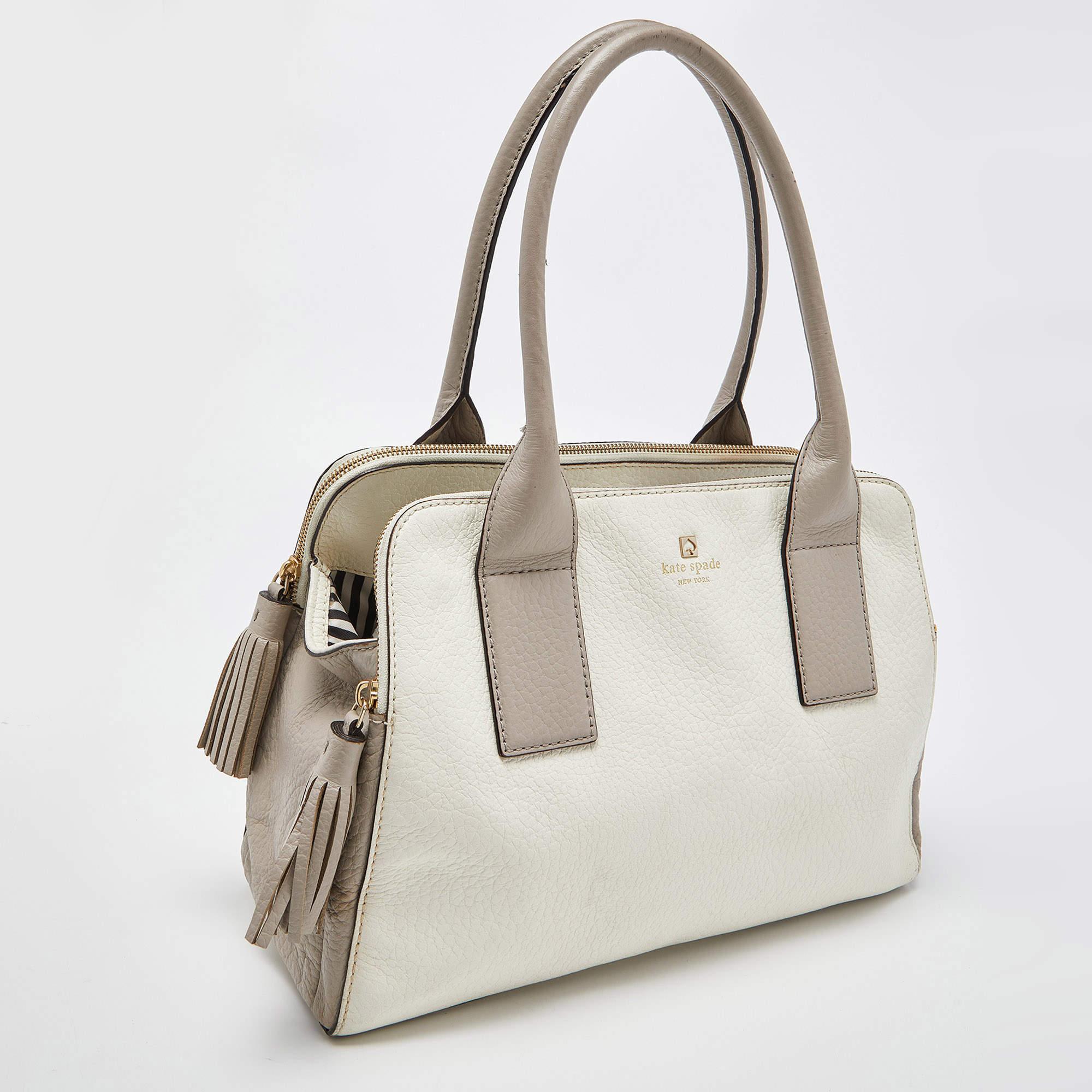 Beige Kate Spade Off White/Grey Leather Double Zip Satchel For Sale