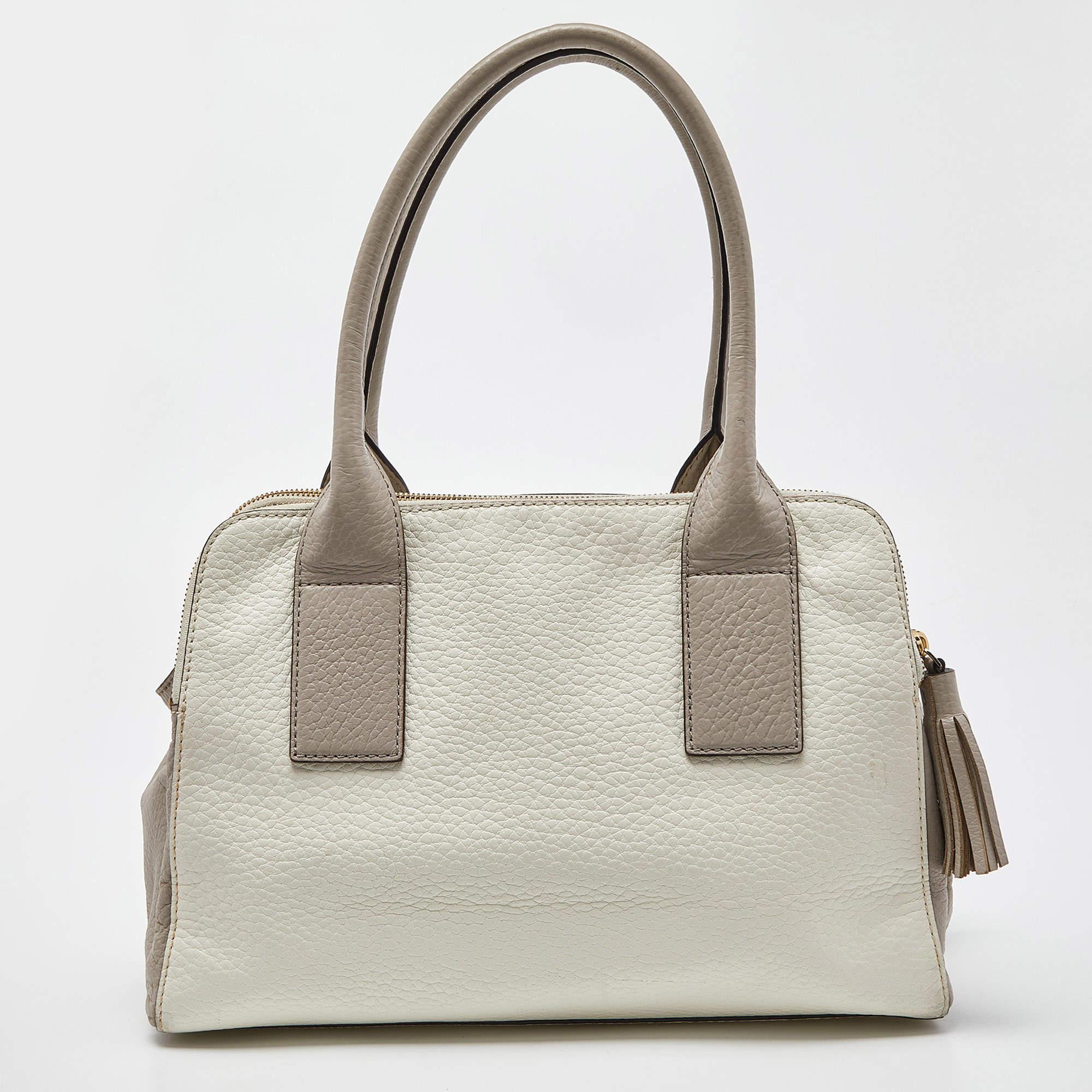 Kate Spade Off White/Grey Leather Double Zip Satchel In Fair Condition For Sale In Dubai, Al Qouz 2