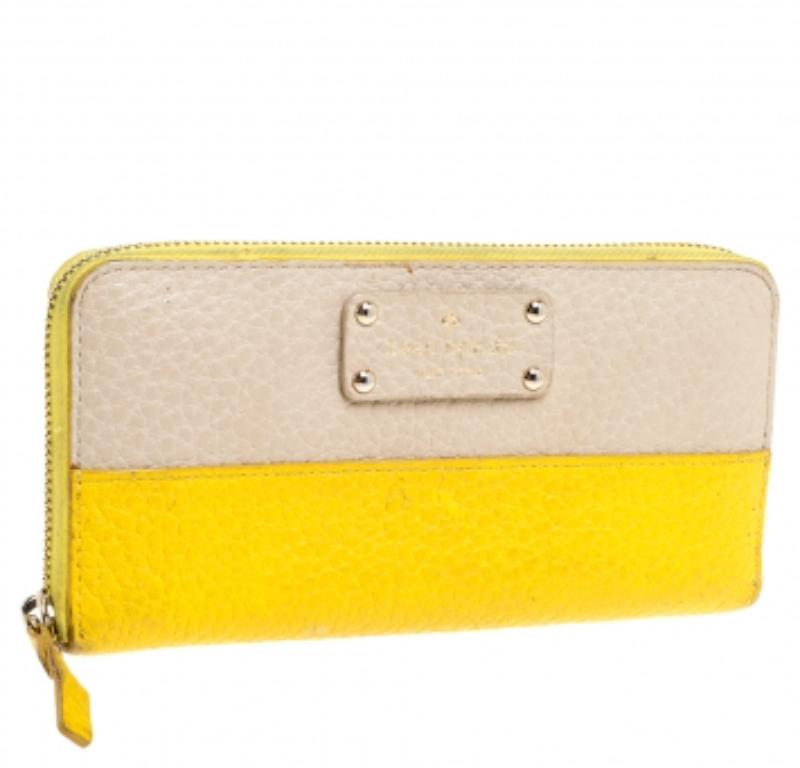 Kate Spade Yellow/Beige Leather Grove Court Lacey Zip Around Wallet For Sale 2