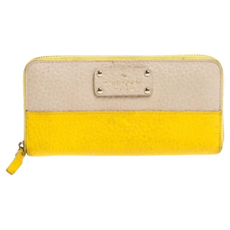 Kate Spade Yellow/Beige Leather Grove Court Lacey Zip Around Wallet For Sale