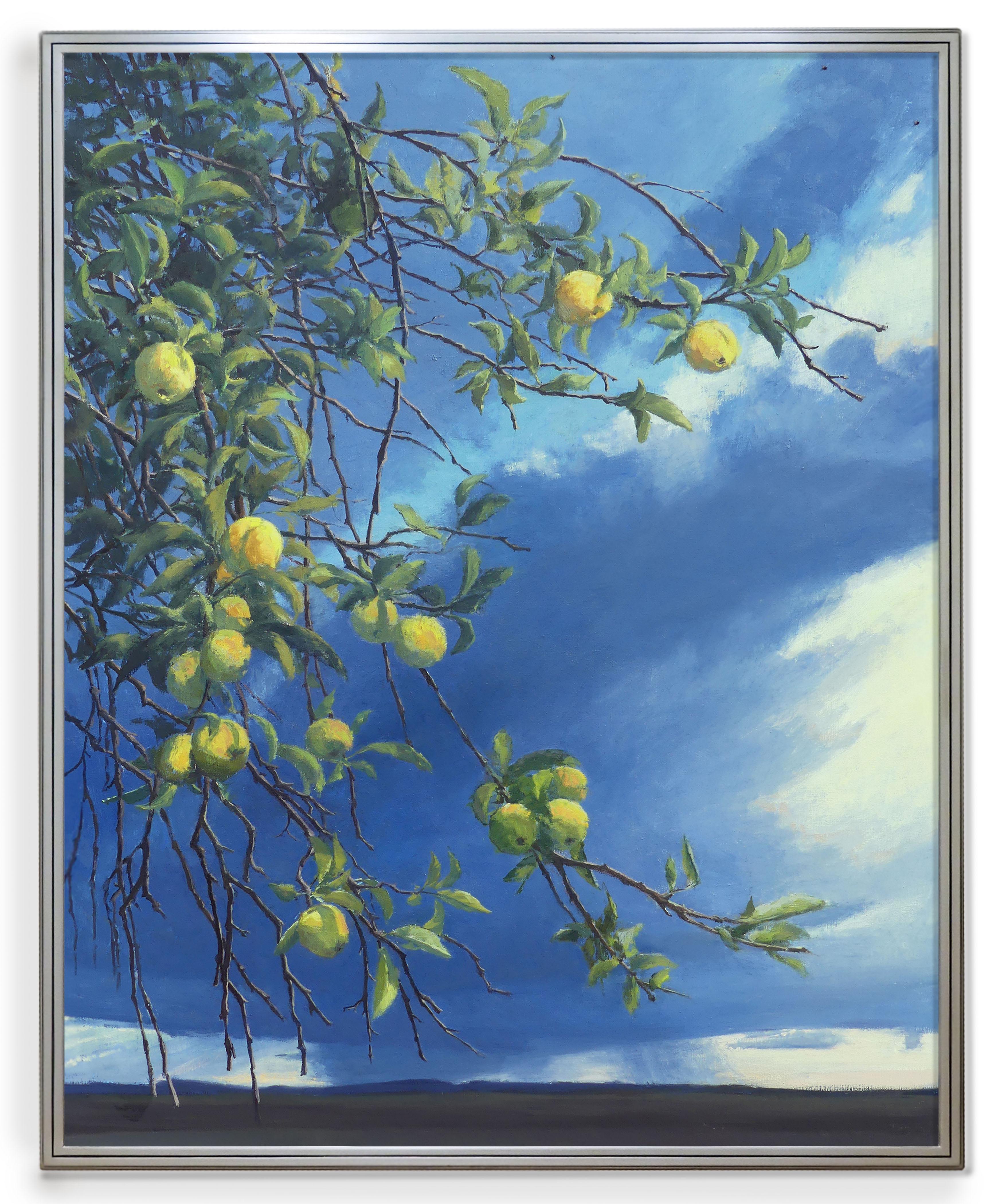 Kate Starling Landscape Painting - Green Apples (Luminous contemporary western landscape of moody skies & apples)