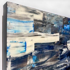 Heritage, evocative abstract blue, white, pink action painting with resin