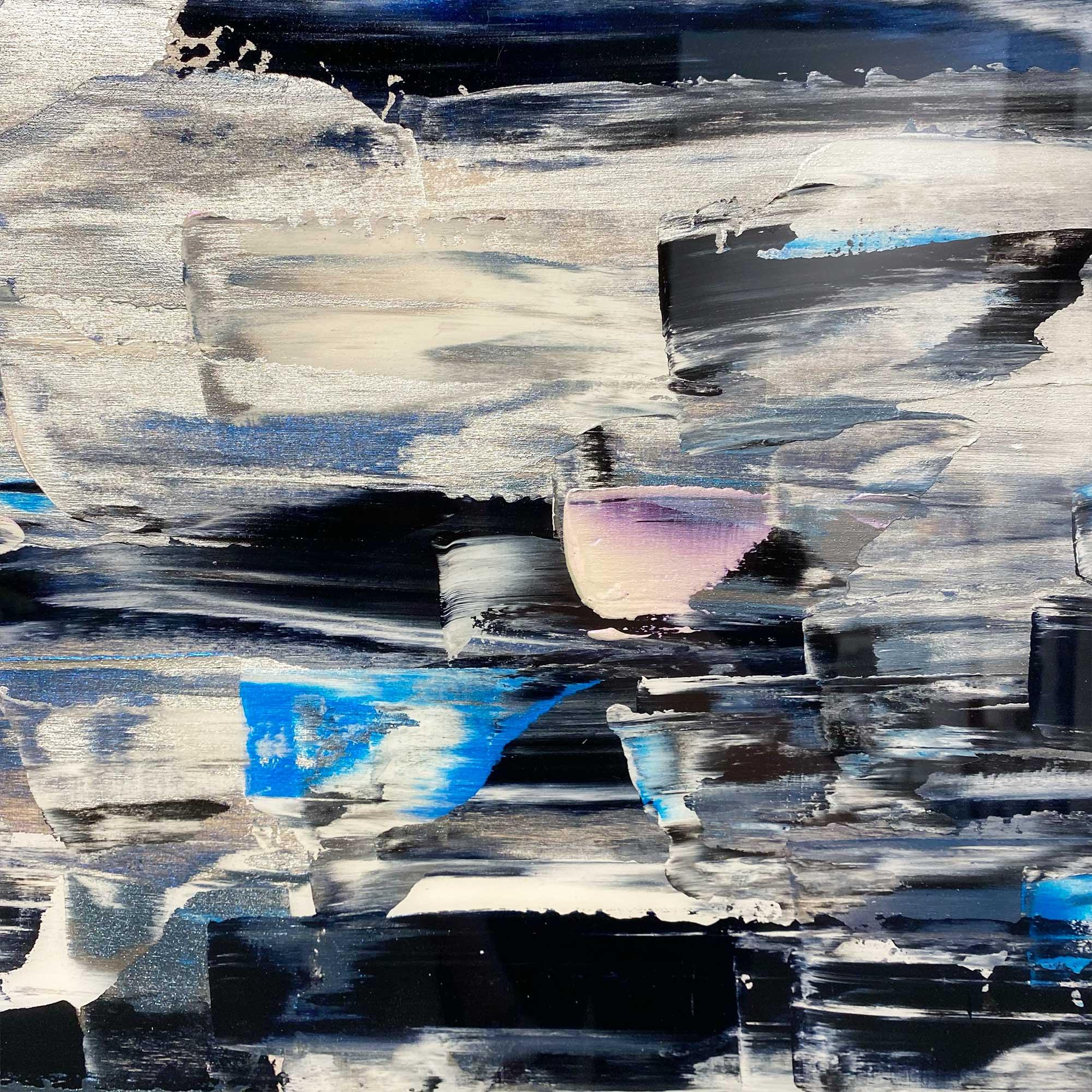 Heritage, peinture abstraite évocatrice bleue, blanche, rose, action avec résine en vente 2