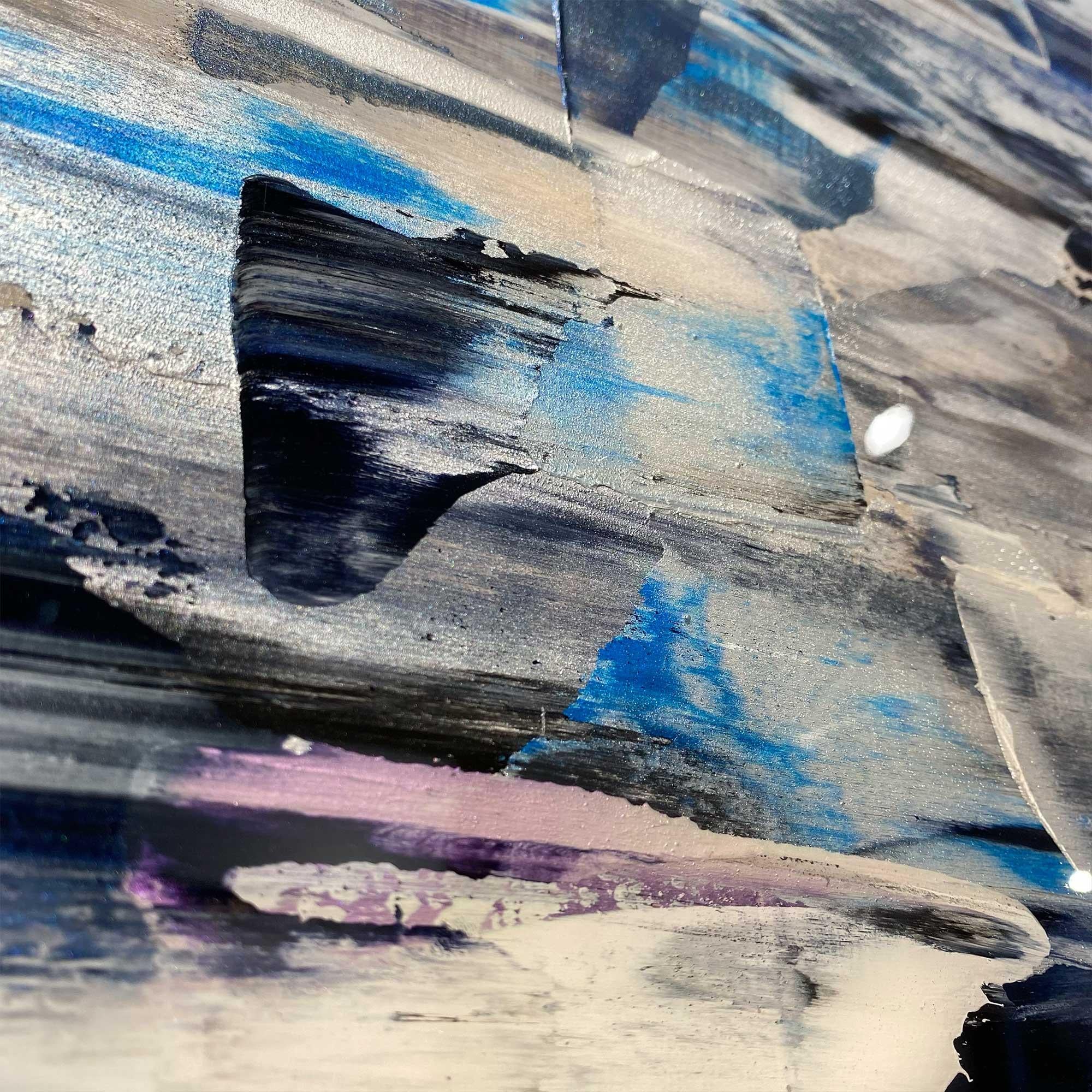 Heritage, peinture abstraite évocatrice bleue, blanche, rose, action avec résine en vente 3