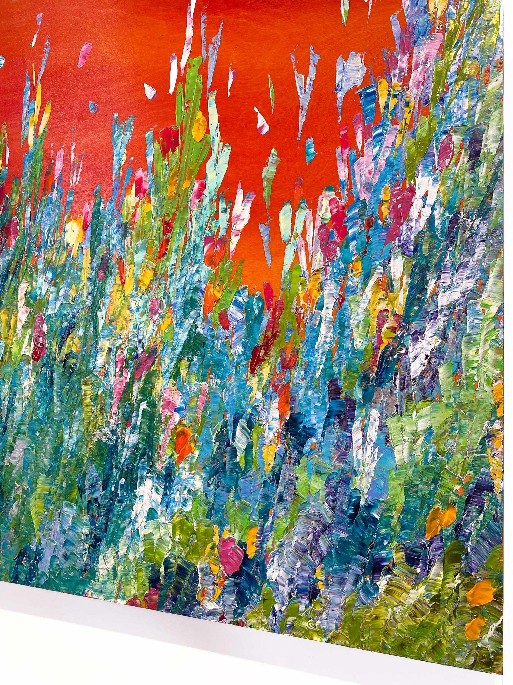 Jubilation, stravagante pittura astratta a spatola rossa su pannello di legno - Art Astratto di Kate Taylor