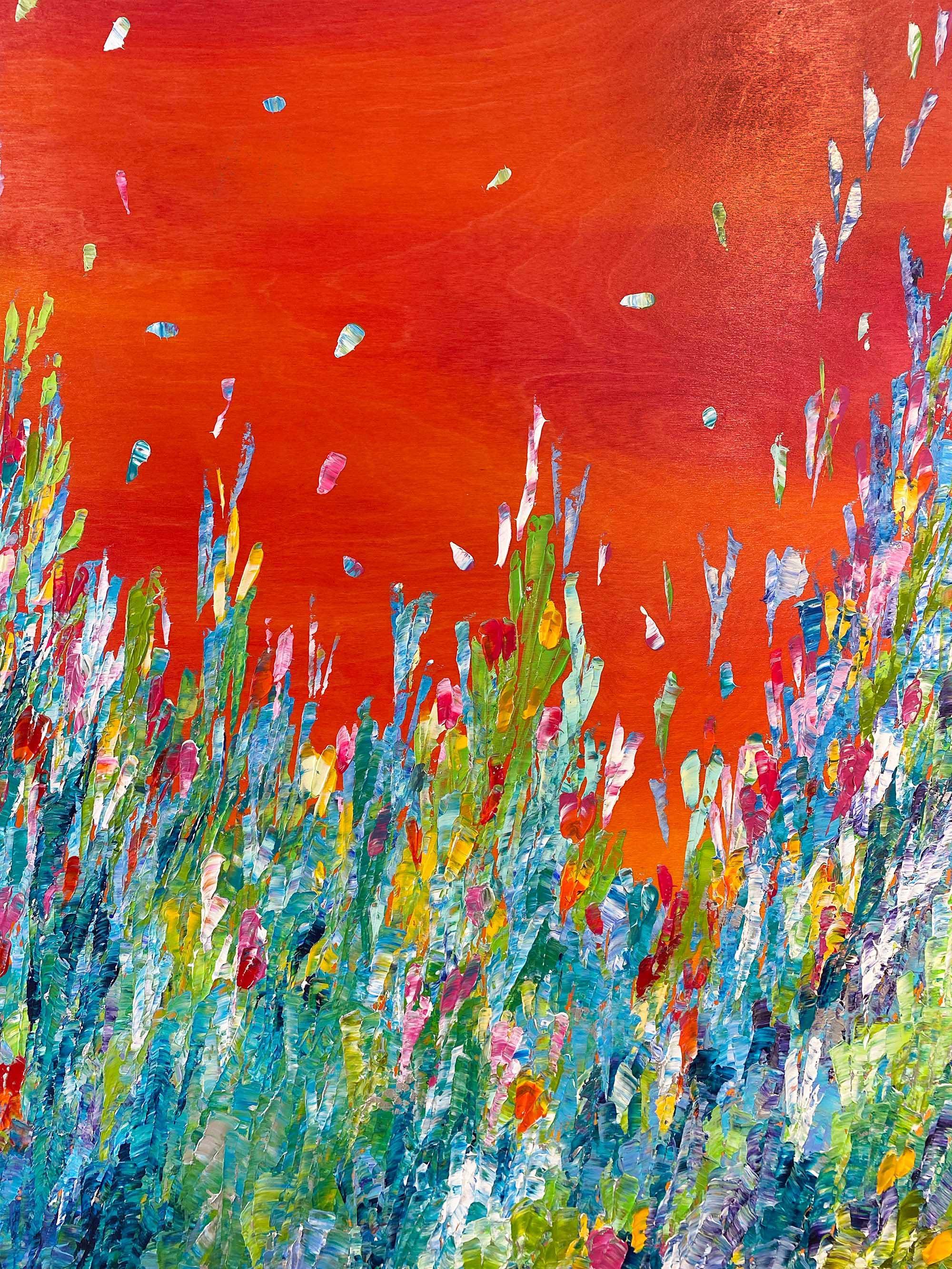 Jubilation, stravagante pittura astratta a spatola rossa su pannello di legno in vendita 1