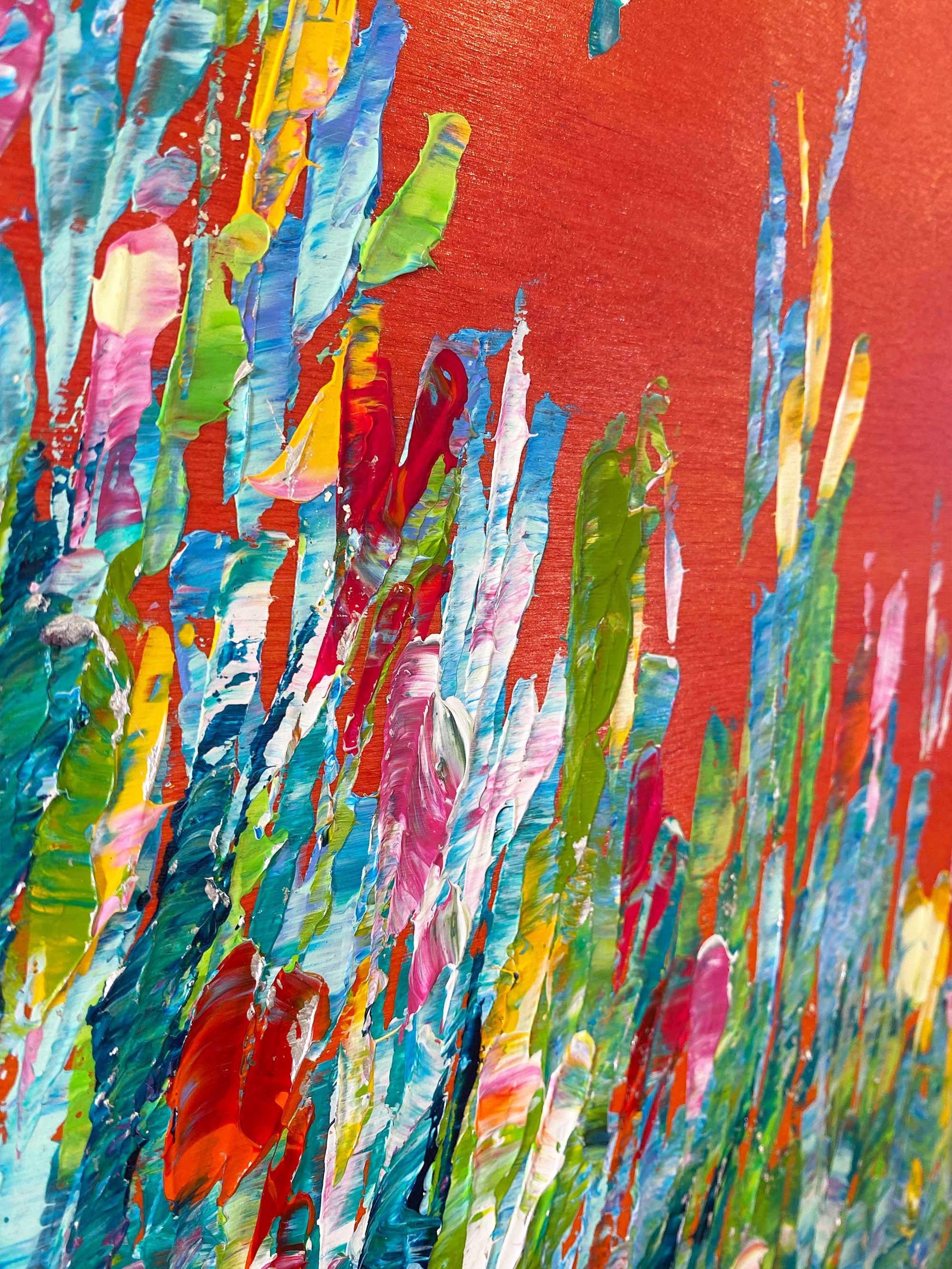 Jubilation, stravagante pittura astratta a spatola rossa su pannello di legno in vendita 2