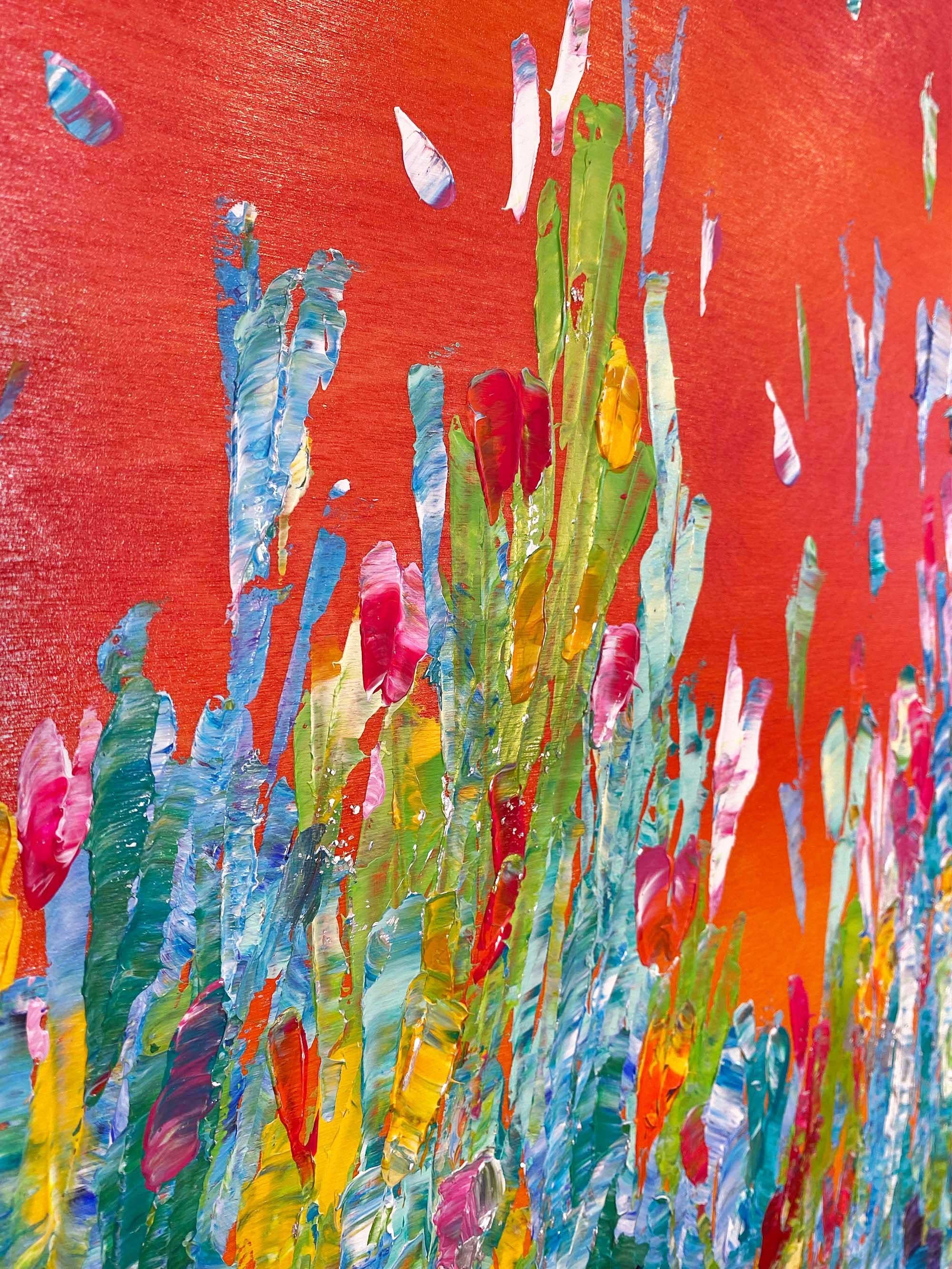 Jubilation, stravagante pittura astratta a spatola rossa su pannello di legno in vendita 3