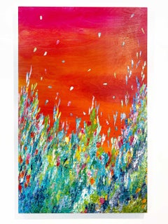 Jubilation, whimsical red palette knife abstract painting on wood panel
