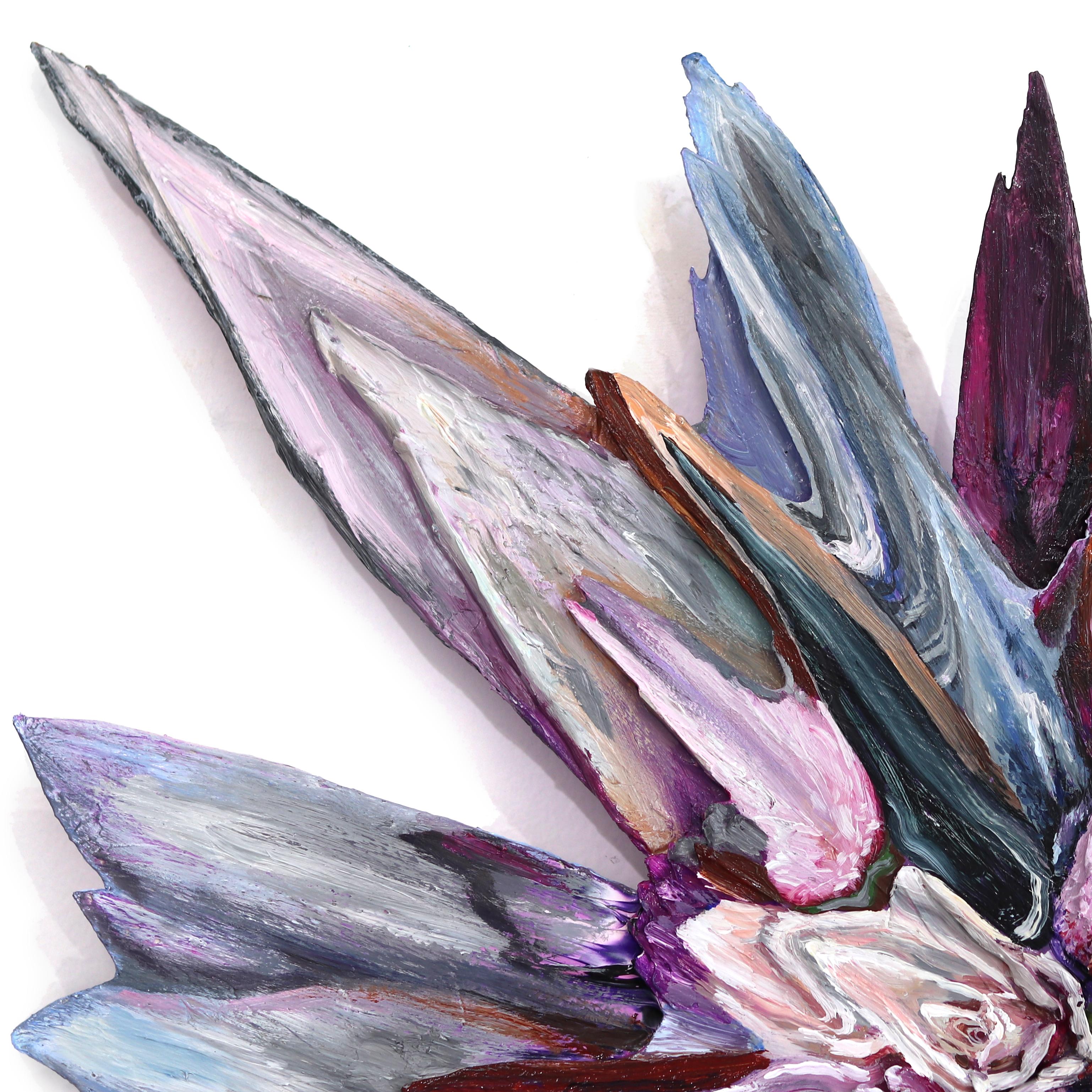 Vibrant, large-scale multimedia artworks incorporate reflective mediums and thick textures in Kate Tova's recent work. Colors splash across the page melding into flourishes of sequins, rhinestones, and glitter. The natural beauty of her subjects is