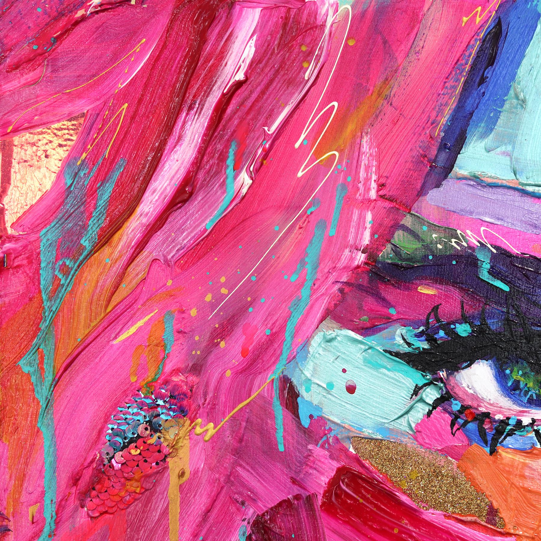 Vibrant multimedia artworks incorporate reflective mediums and thick textures in Kate Tova's work. Colors splash across the page melding into flourishes of sequins, rhinestones, and glitter. The natural beauty of her subjects is juxtaposed against