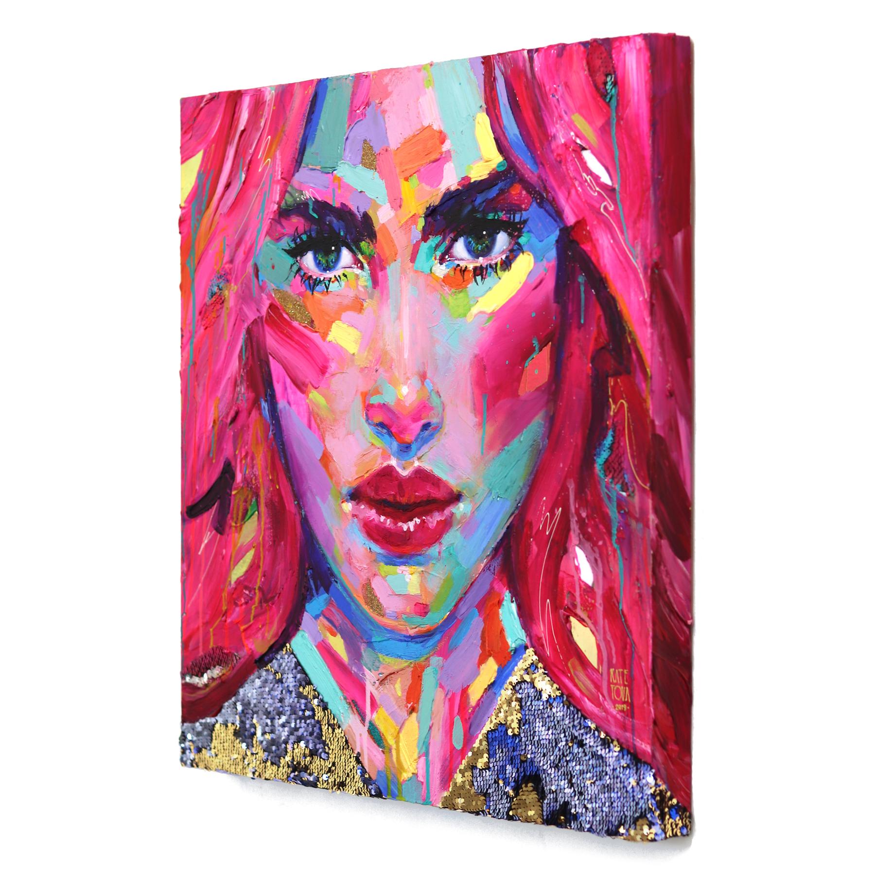 Shelbia - Abstract Vibrant Colorful Mixed Media Figurative Portrait Painting For Sale 1
