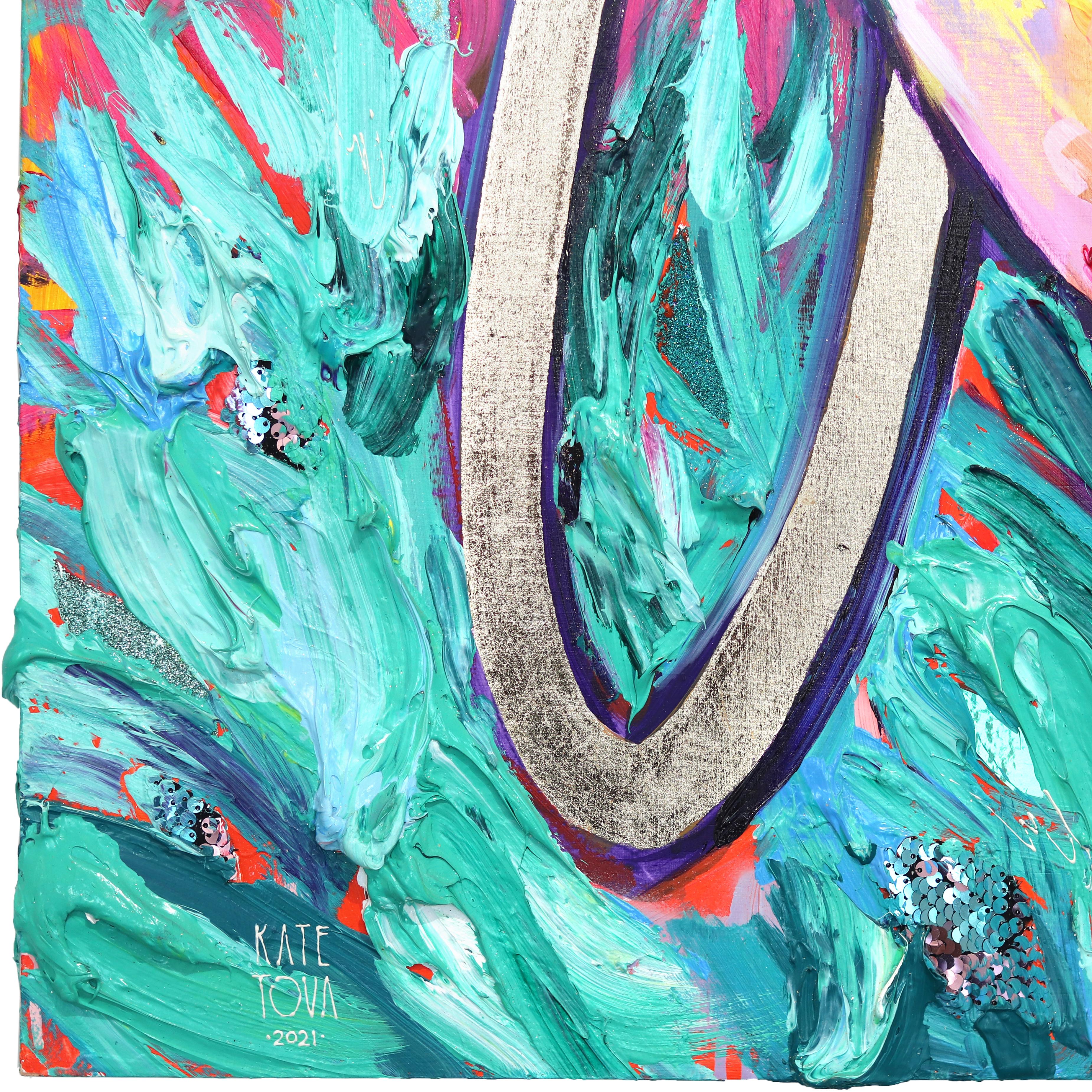 Vibrant multimedia artworks incorporate reflective mediums and thick textures in Kate Tova's work. Colors splash across the page melding into flourishes of sequins, rhinestones, and glitter. The natural beauty of her subjects is juxtaposed against