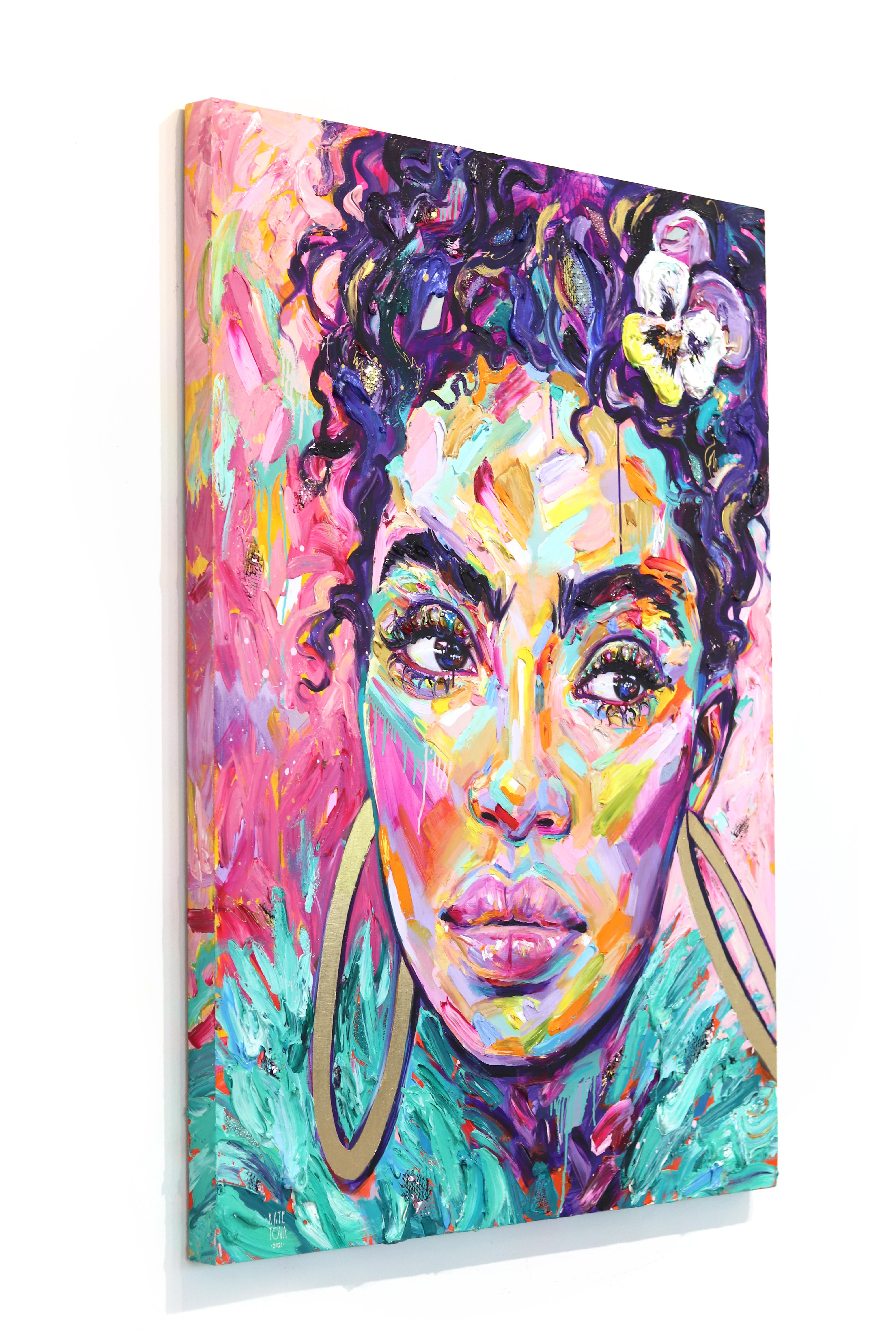 Summer - Abstract Vibrant Colorful Mixed Media Figurative Portrait Painting For Sale 1