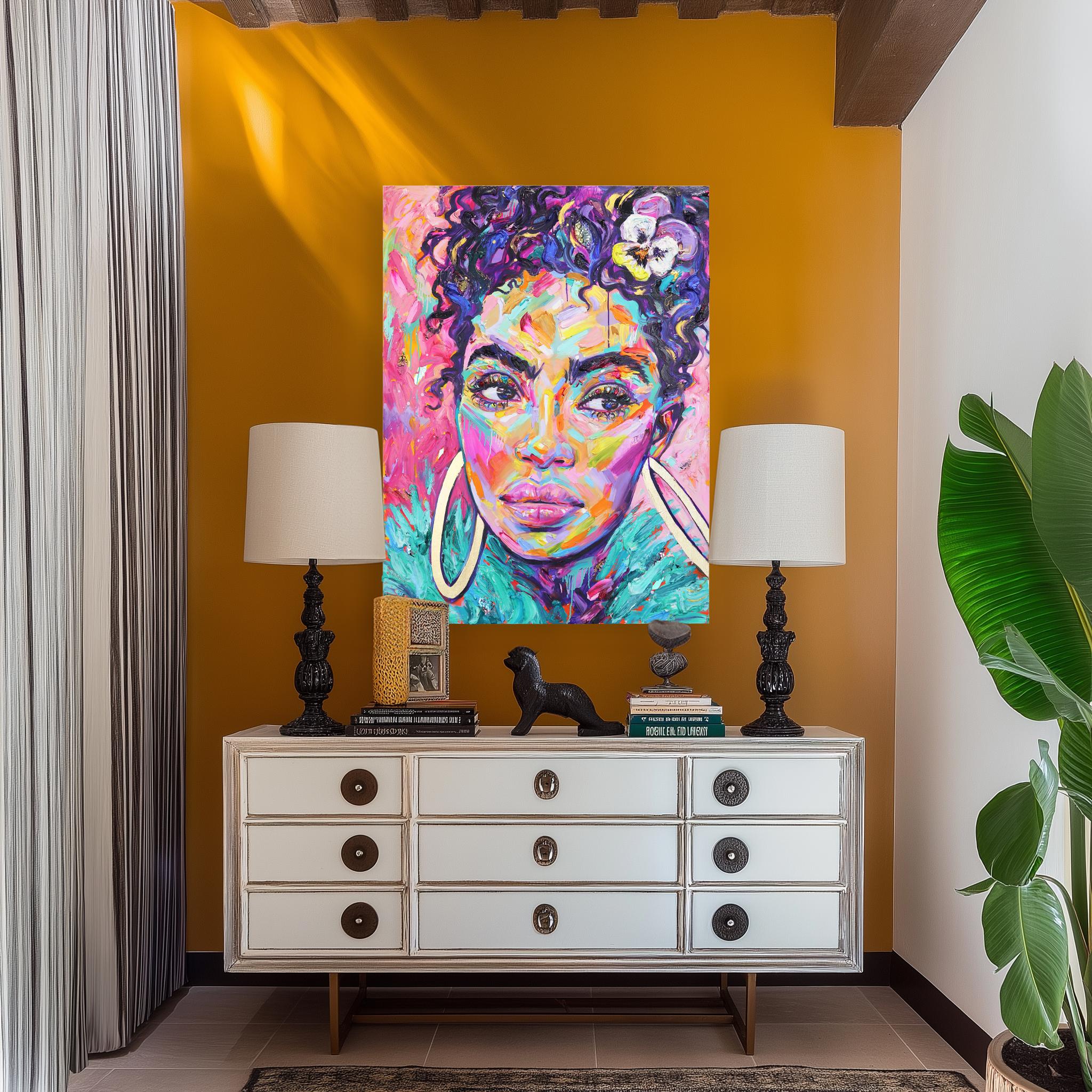 Summer - Abstract Vibrant Colorful Mixed Media Figurative Portrait Painting For Sale 3
