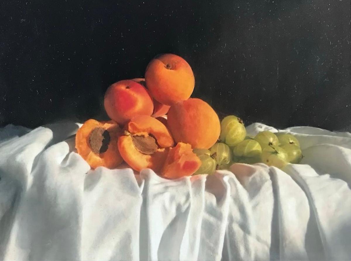 Kate Verrion  Figurative Painting - Mixed Summer Fruits, Photo realist style painting, realist still life art
