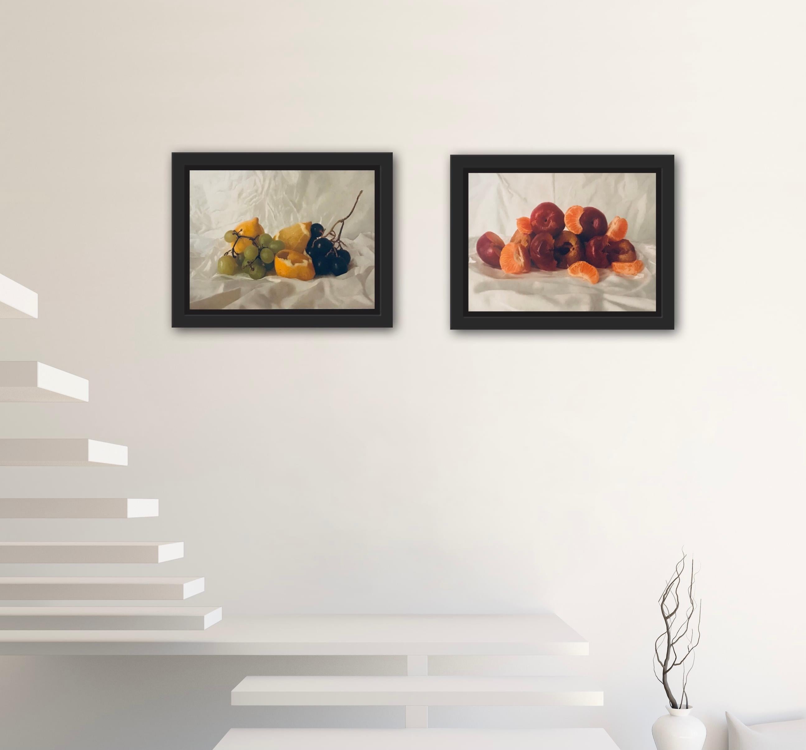 Cherries and Satsuma and Grapes and Lemon diptych - Realist Painting by Kate Verrion
