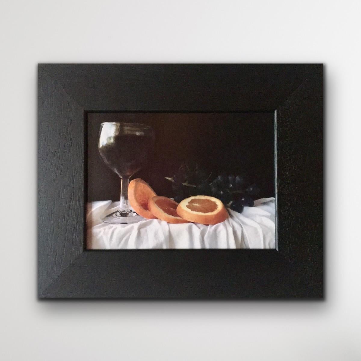 Uva, vino con arancia rossa e ciotola bianca, Quadro originale, Natura morta - Painting Realismo di Kate Verrion