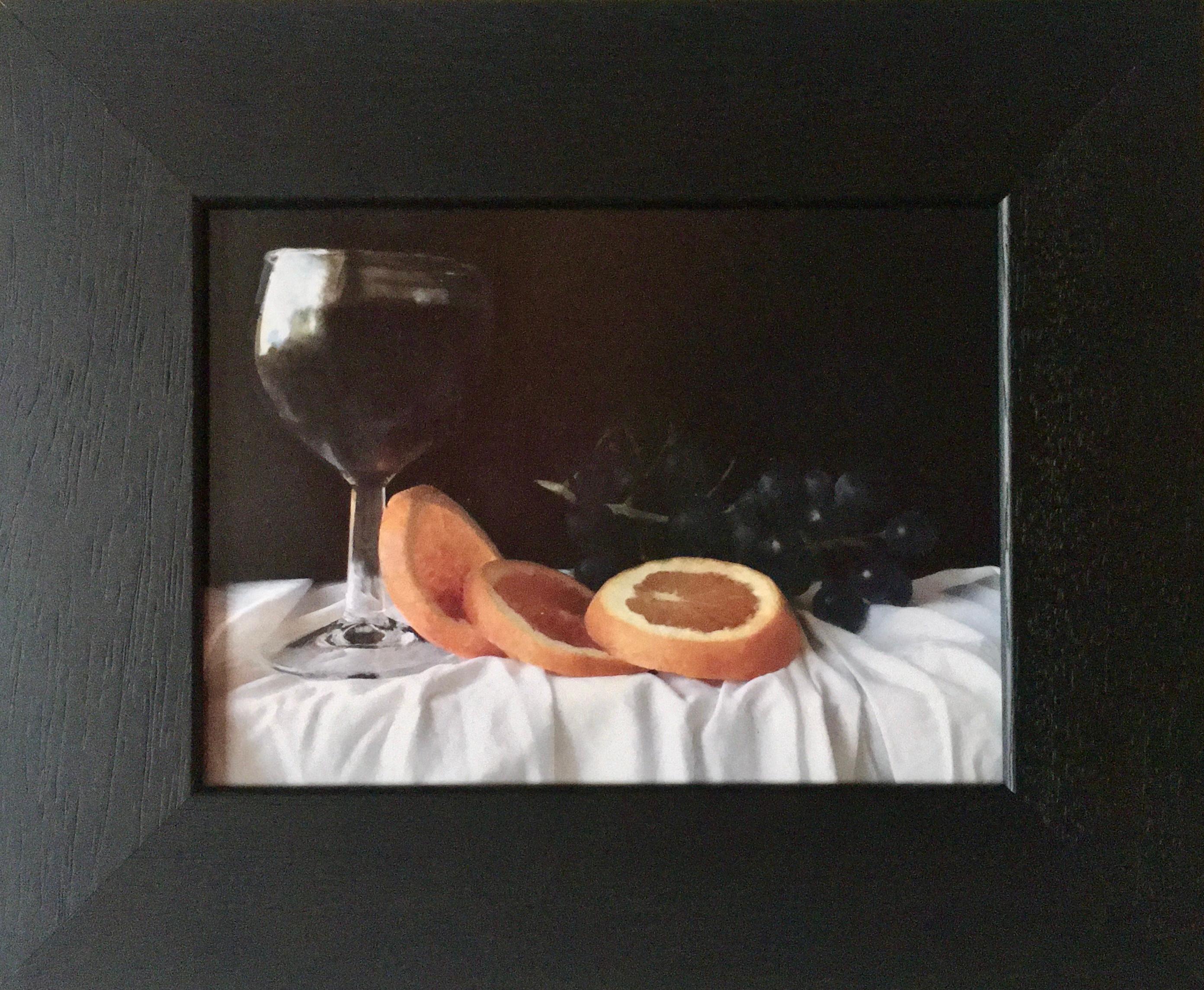 Uvas, vino con naranja sanguina y cuenco blanco, Pintura original, Arte del bodegón