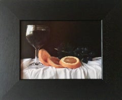 Raisins, vin avec orange sanguine et bol blanc, Peinture originale, Nature morte