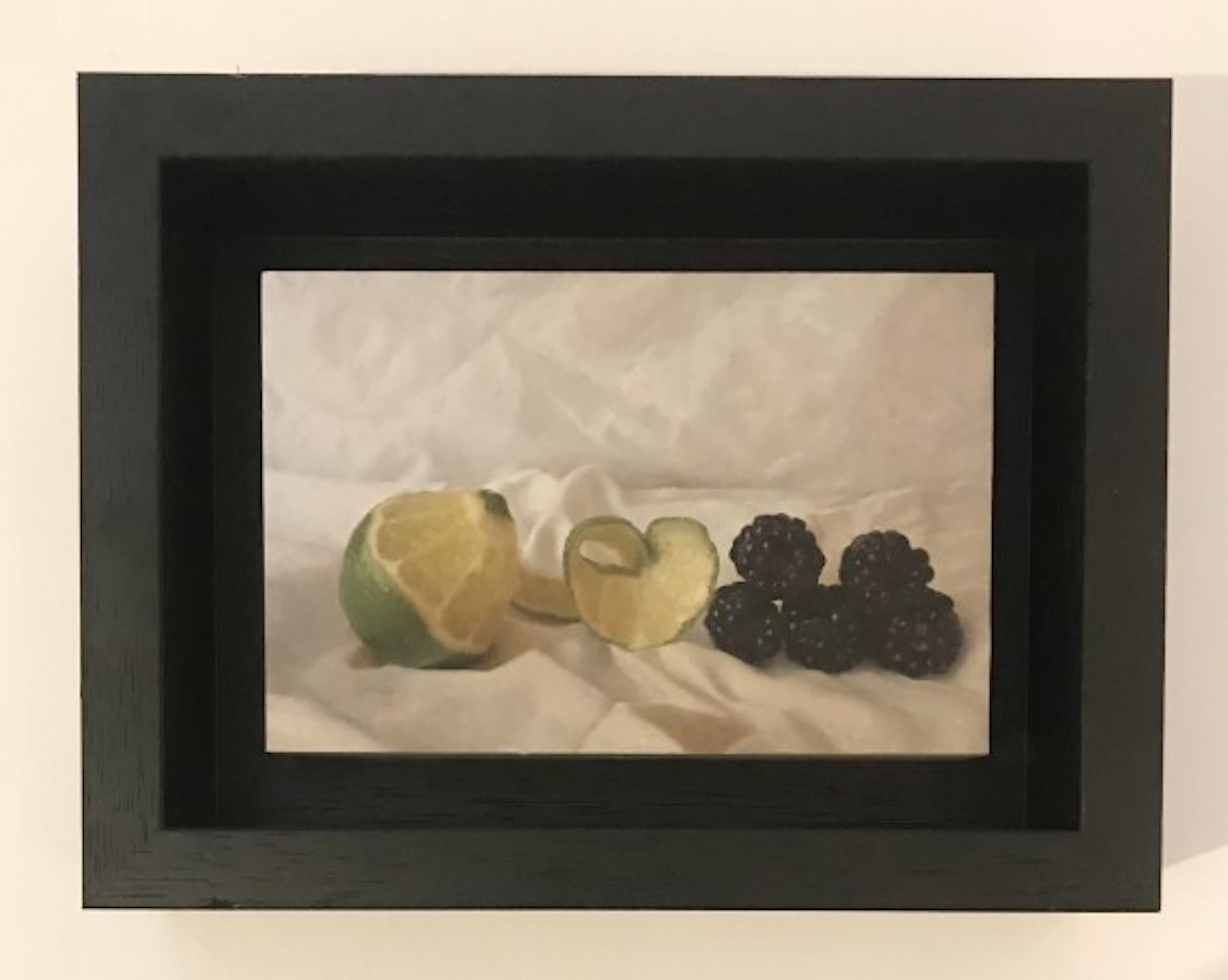 Lime and Blackberries [2020]
Original
Still Life
Oil Paint on Board
Complete Size of Unframed Work: H:10 cm x W:15 cm x D:2.5cm
Framed Size: H:16 cm x W:21 cm x D:5.5cm
Sold Framed
Please note that insitu images are purely an indication of how a