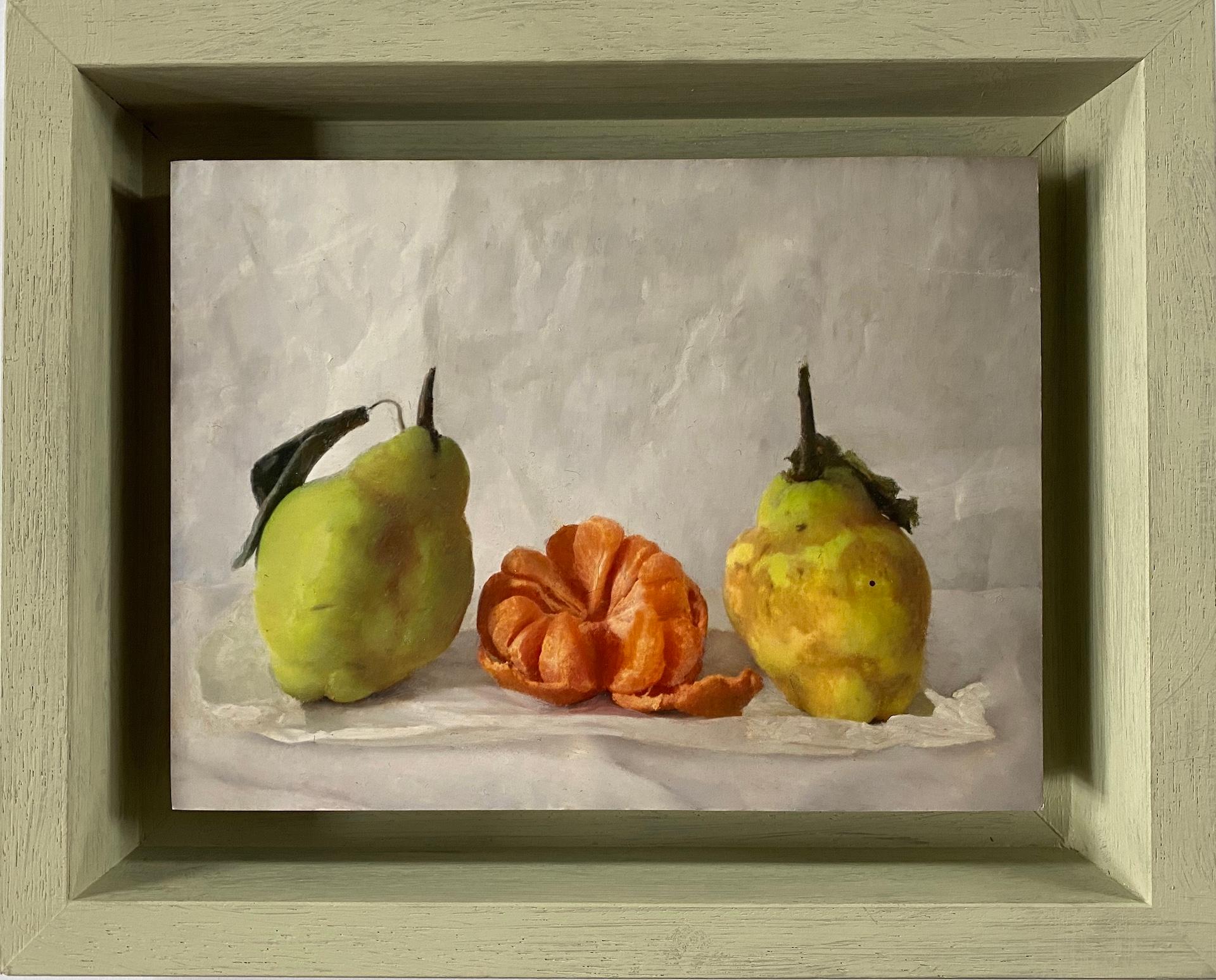 Kate Verrion, Two Pears and a Satsuma, Original Still Life Painting, Art Online For Sale 1