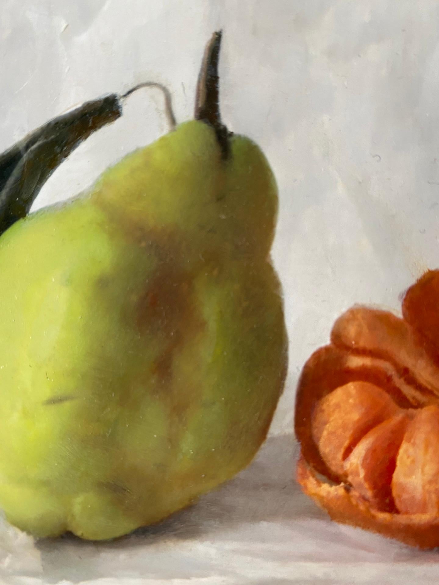 Kate Verrion, Two Pears and a Satsuma, Original Still Life Painting, Art Online For Sale 4
