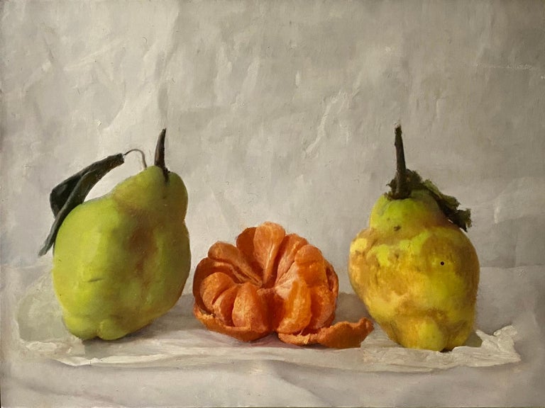 Kate Verrion, Two Pears and a Satsuma, Original Realist Still Life Painting - Brown Interior Painting by Kate Verrion
