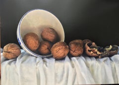 Noix dans un bol blanc, Peinture originale, Nature morte, Art véritable 