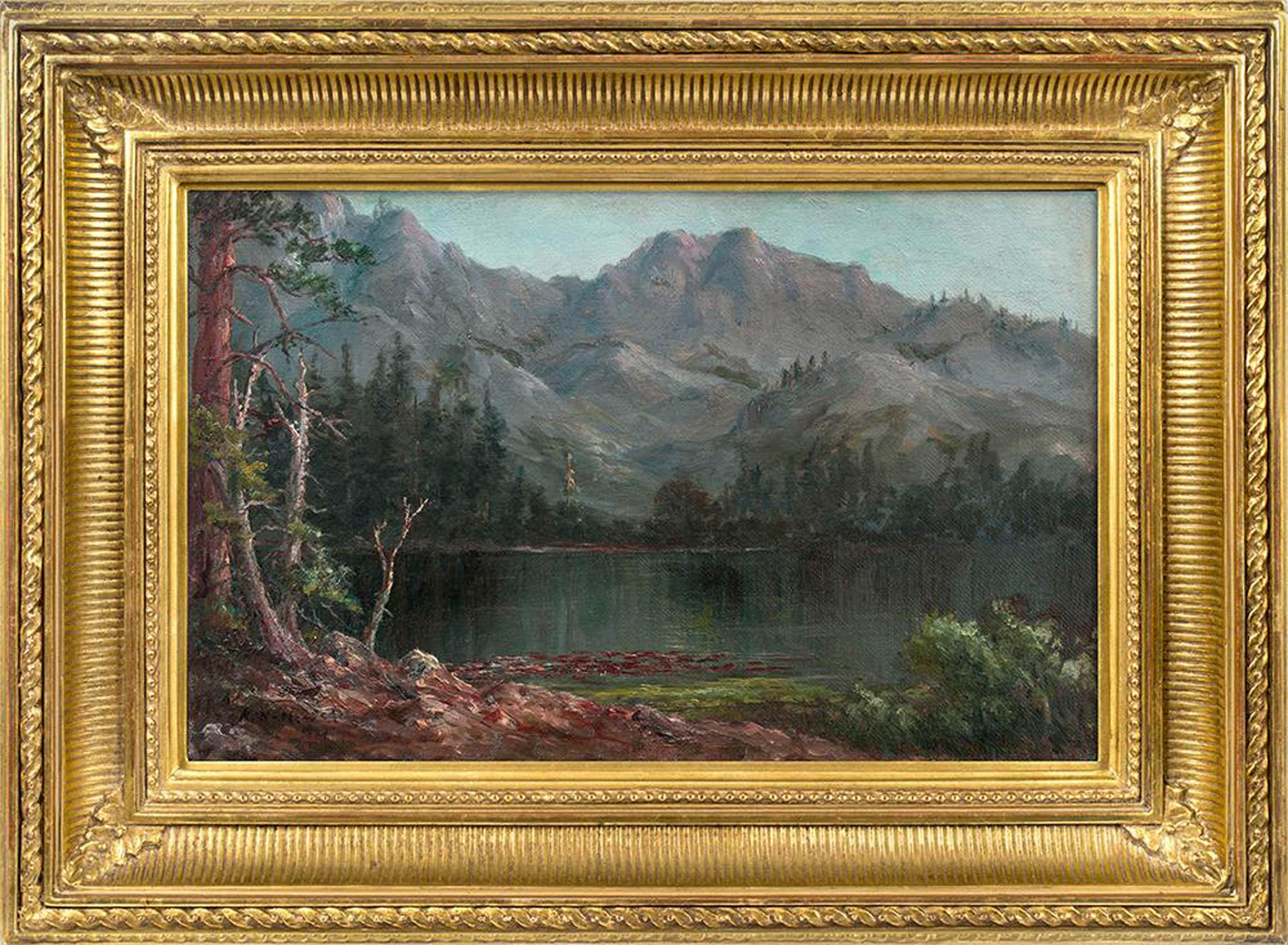 La peinture de la femme artiste Artistics Kate W. La peinture de Newhall "In the Sierras" est une huile sur panneau, mesure 7 x 11 pouces et est signée en bas à gauche. L'œuvre est encadrée dans un cadre élégant, adapté à l'époque, et prête à être
