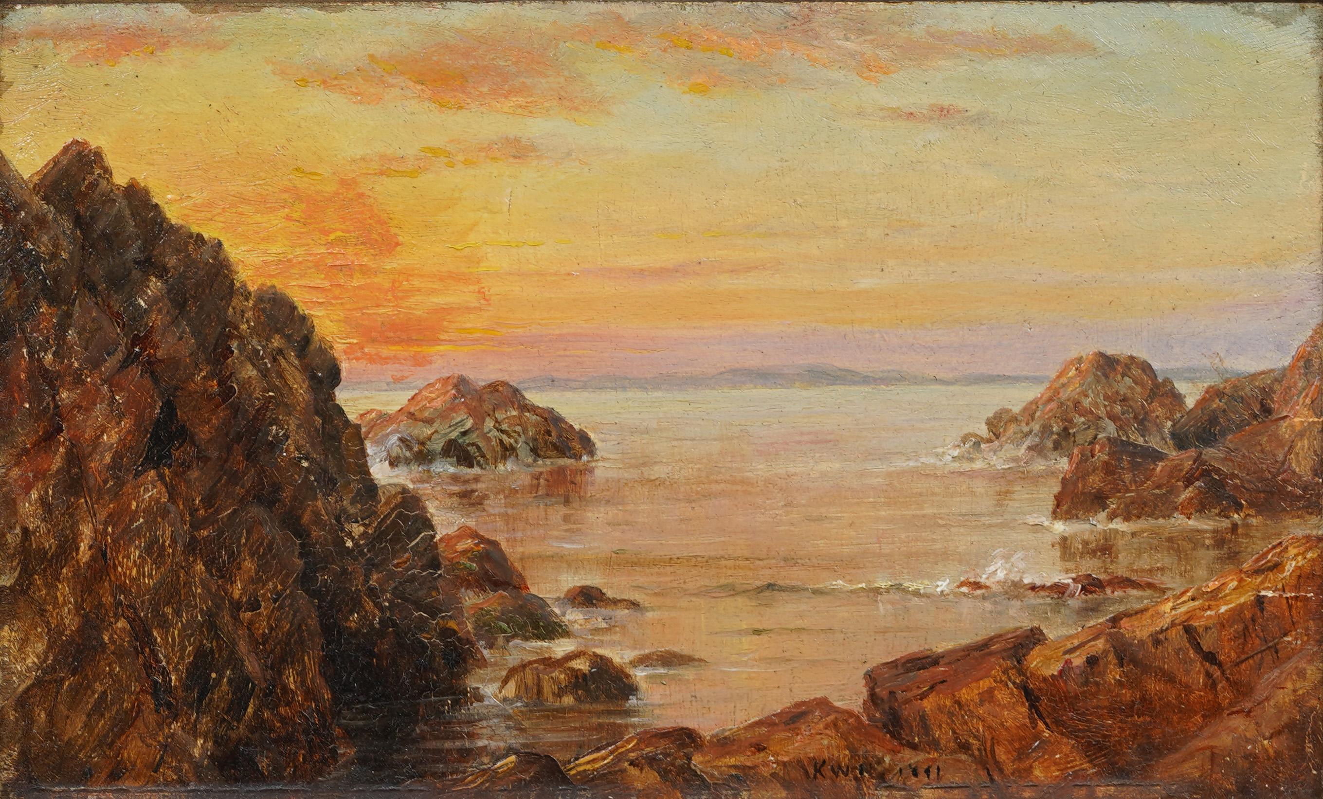Signed and dated K. W. Newhall 1881, this luminous seascape by American painter Kate White Newhall (1840–1917) captures a dramatic coastal scene at sunset with refined academic technique. Newhall, active in the late 19th century, was known for her