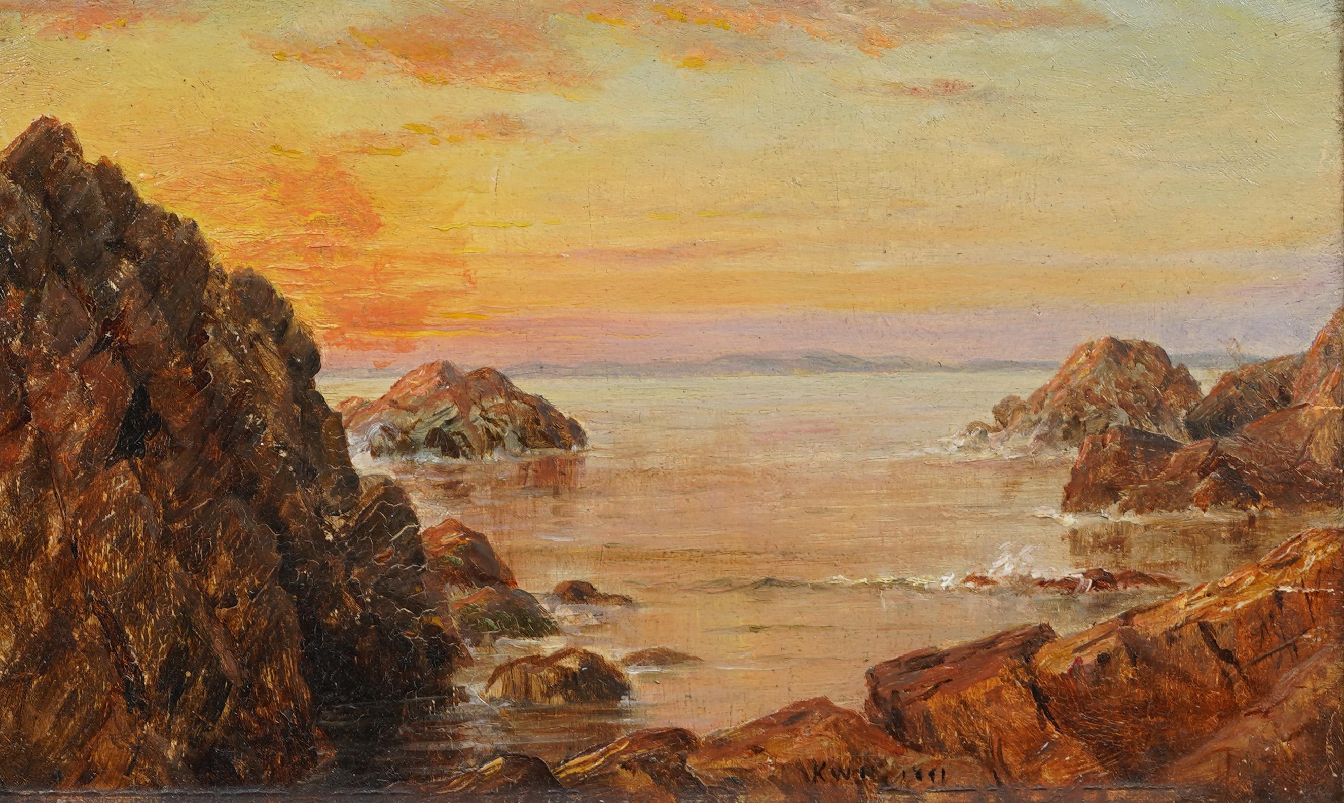 Antique American Hudson River School Luminous Coastal Sunset Seascape Painting For Sale 1