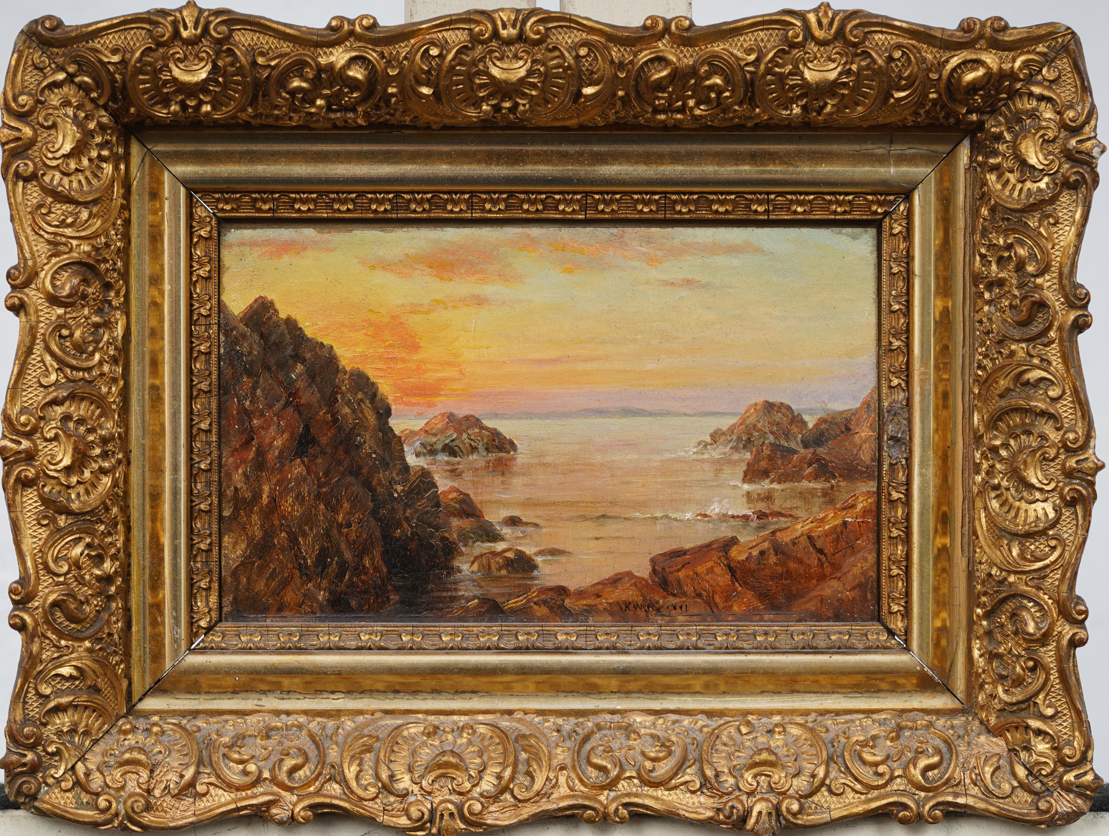 Kate White Newhall  Landscape Painting - Antique American Hudson River School Luminous Coastal Sunset Seascape Painting