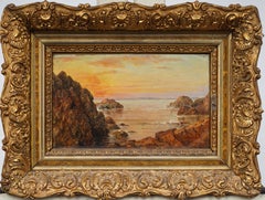 Peinture ancienne de l'école de l'Hudson River Luminous Coastal Sunset Seascape