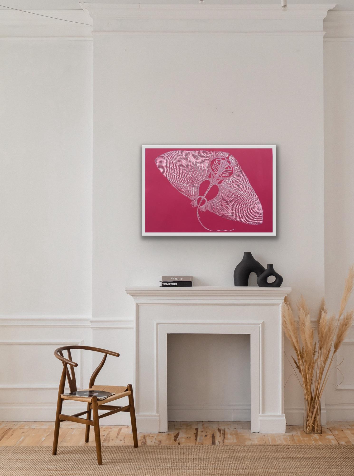 Butterfly Ray, zeitgenössisch, Linoldruck (Pink), Landscape Print, von Kate Willows