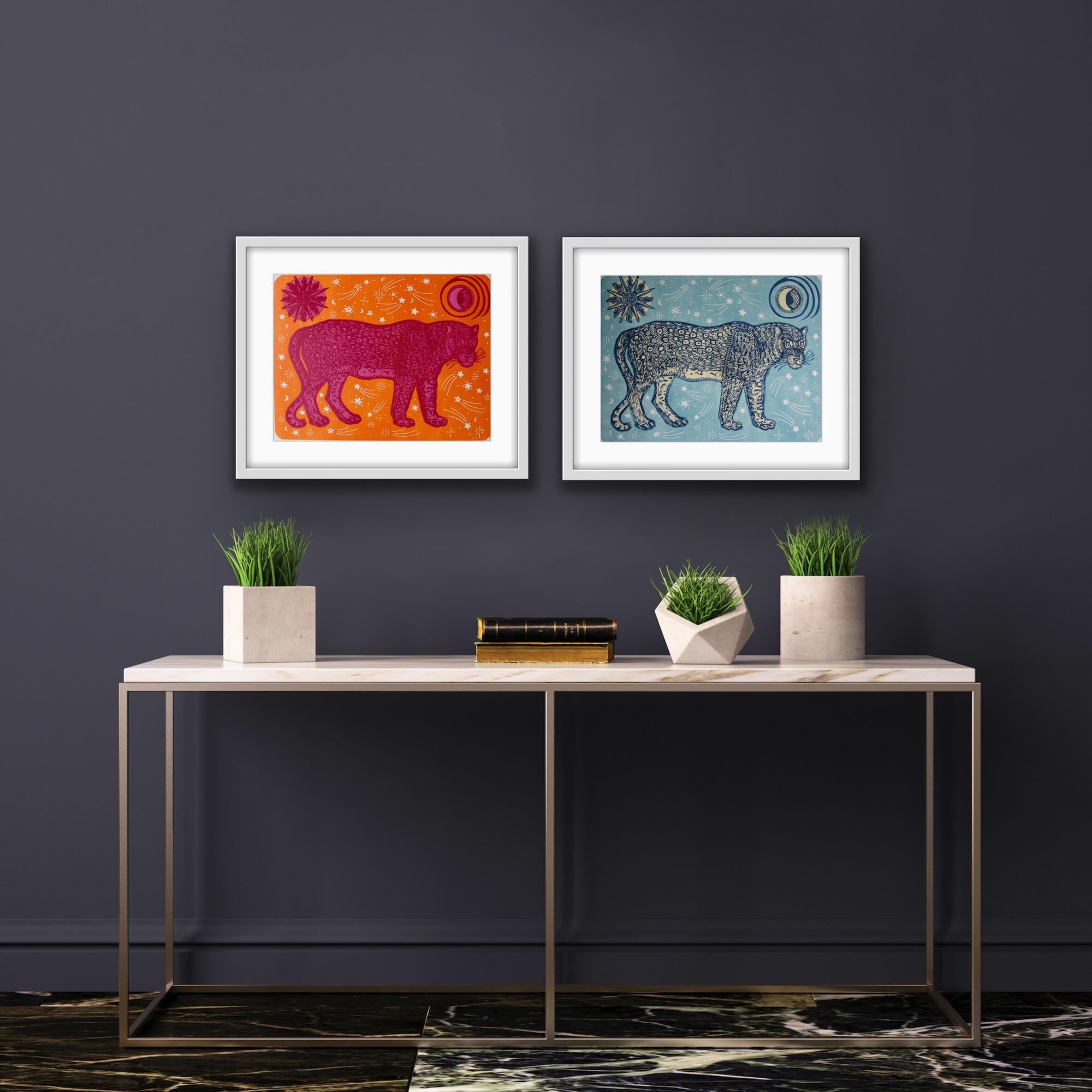 Moon Panther (blue and pink) Diptych - Print by Kate Willows