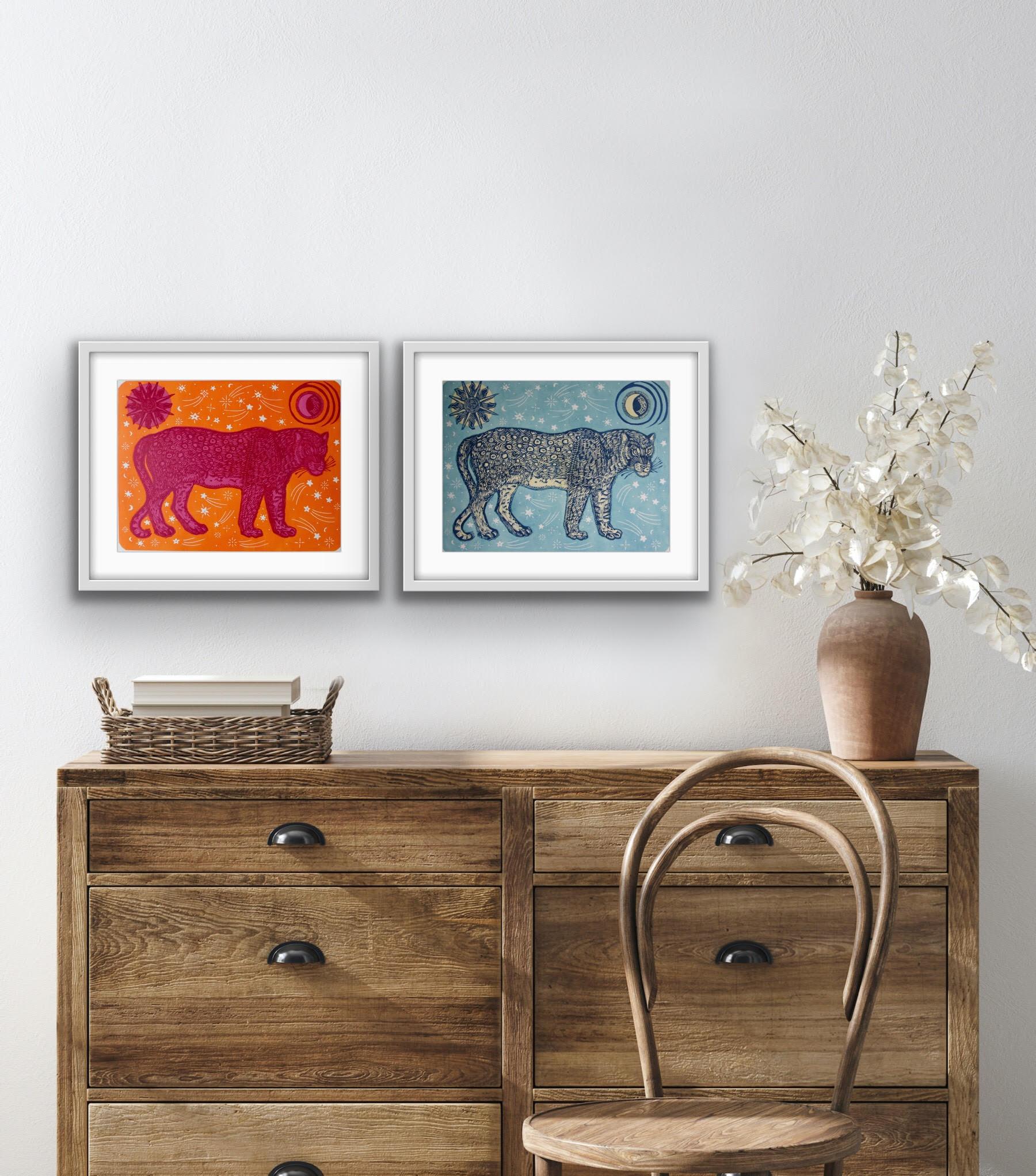 Moon Panther (blue and pink) Diptych - Contemporary Print by Kate Willows