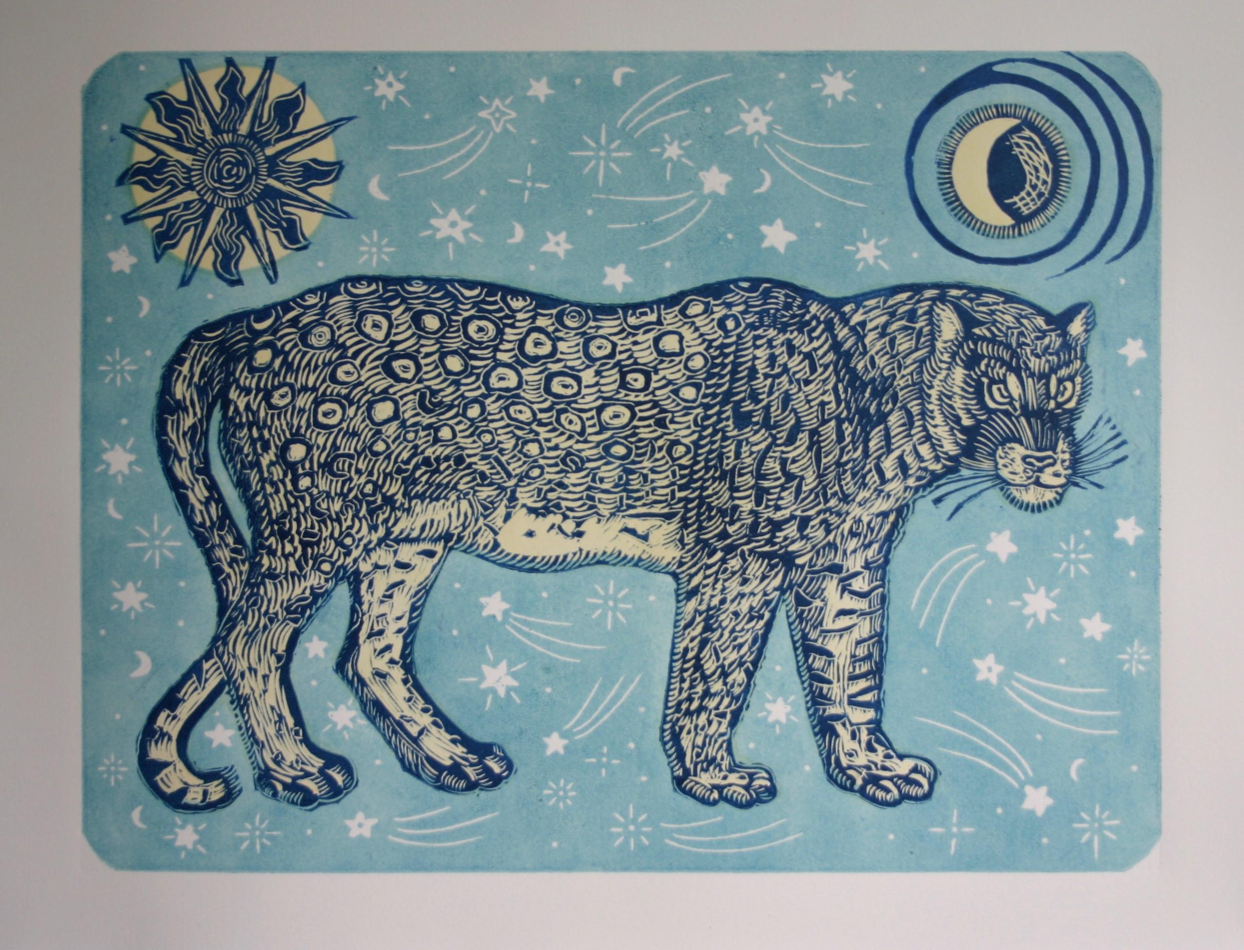 Pantera Lunar (Azul), Kate Willows, Arte animal, Arte contemporáneo brillante hecho a mano