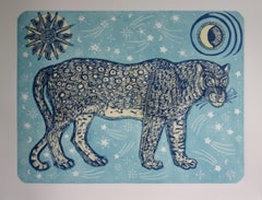 Pantera Lunar (Azul), Kate Willows, Arte animal, Arte contemporáneo brillante hecho a mano