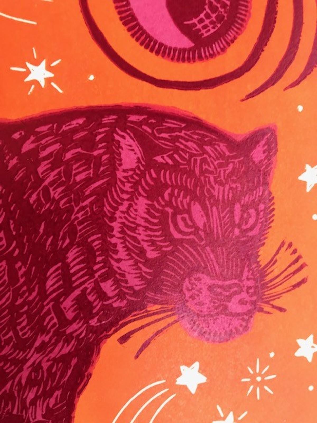 Moon Panther (pink) by Kate Willows [2021]
Please note that insitu images are purely an indication of how a piece may look

This print shows a moonlit panther, inspired by a woodcut by the 18th century English artist Thomas Bewick. Once I have