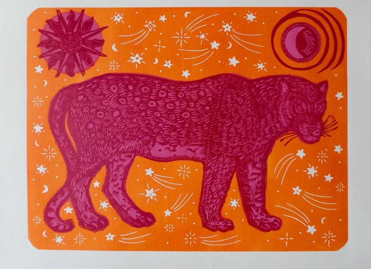 Kate Willows Animal Print - Moon Panther (pink), Animal Art, Bright Art, Art for your Bedroom, Gift Art