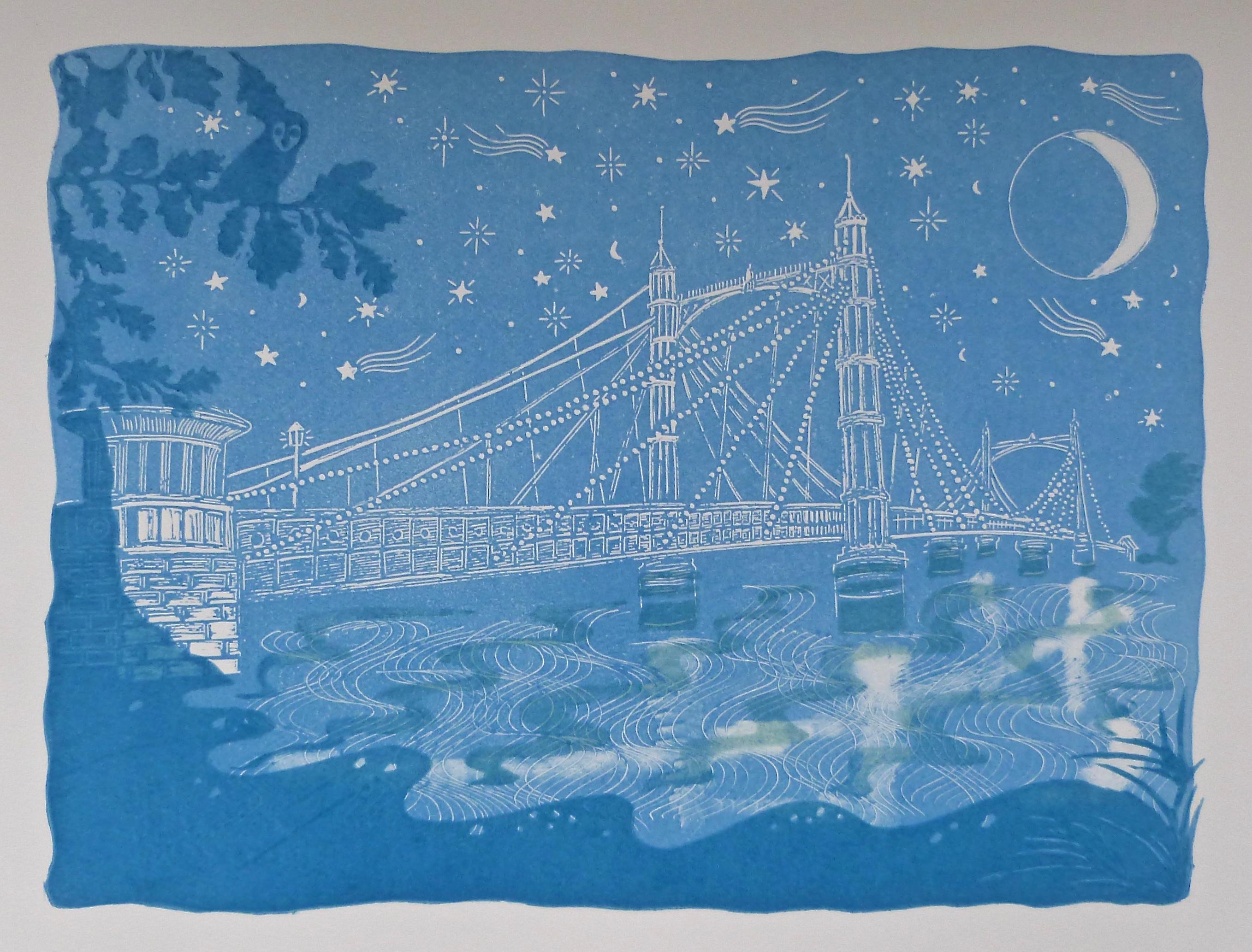 Starry Night Over Albert Bridge, contemporary, Lino print, cityscape - Print by Kate Willows