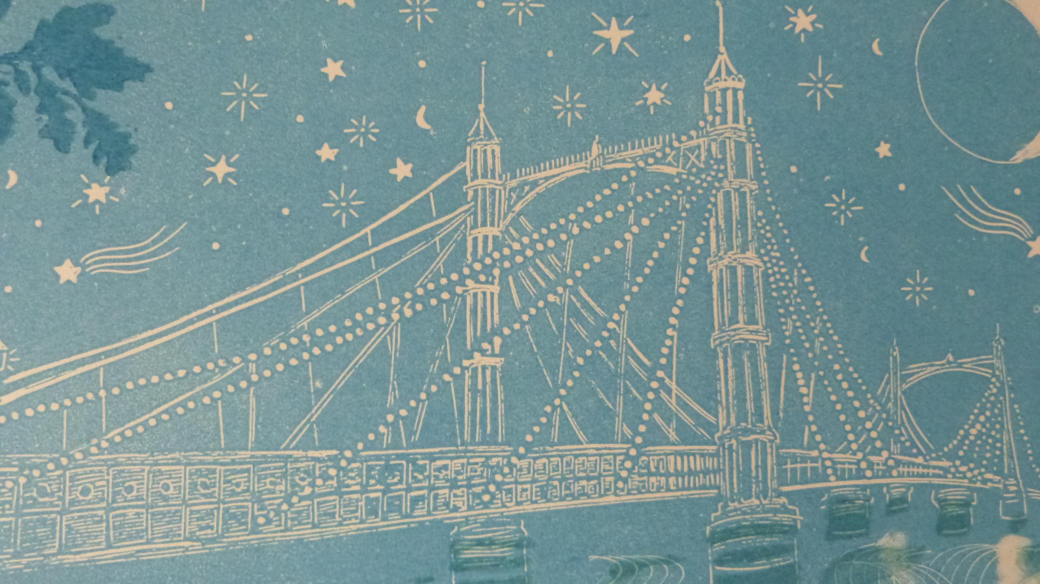 Starry Night Over Albert Bridge, contemporary, Lino print, cityscape - Contemporary Print by Kate Willows