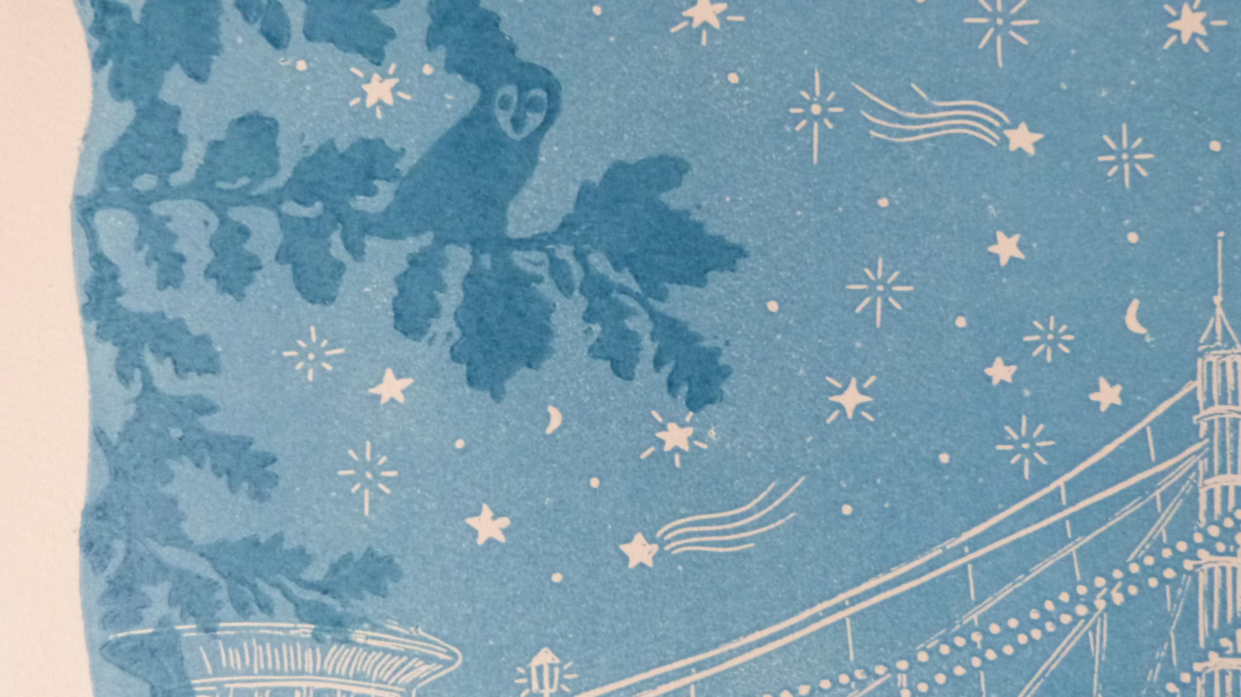 Starry Night Over Albert Bridge, contemporary, Lino print, cityscape - Blue Landscape Print by Kate Willows